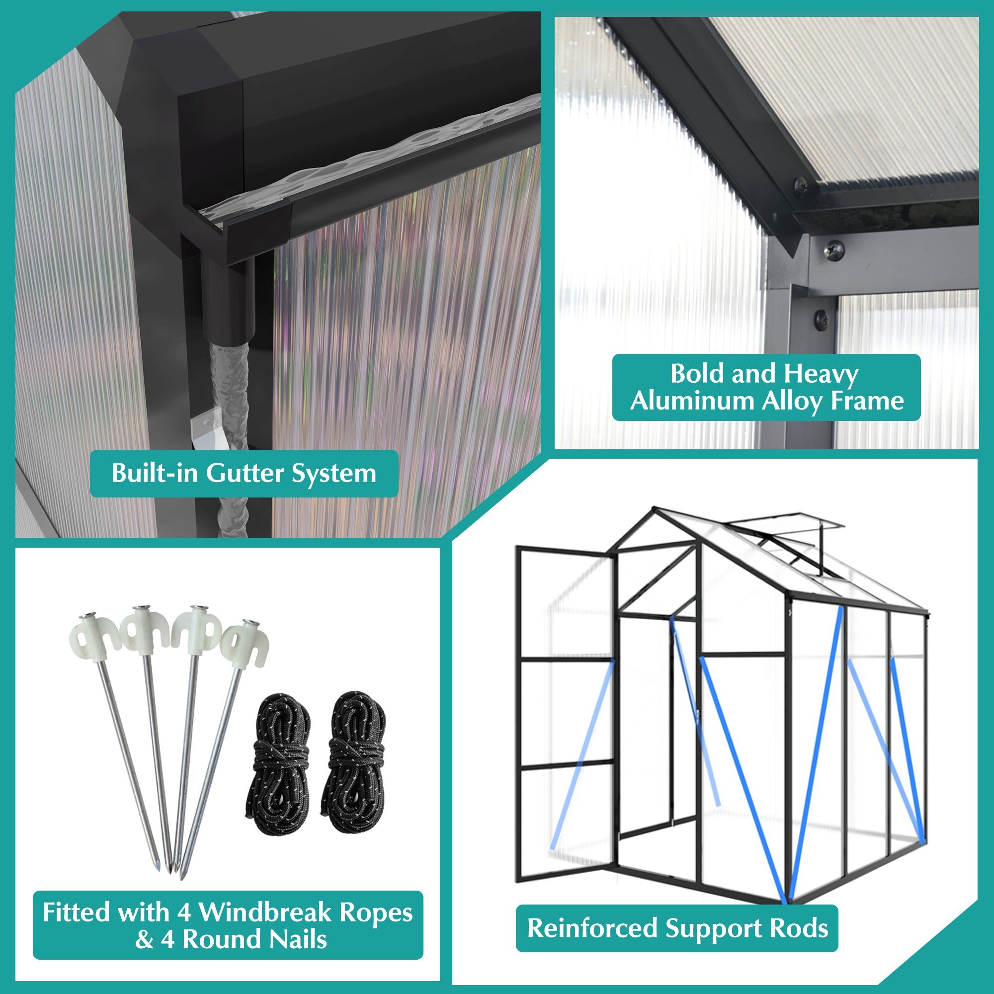 6ft x 8ft Heavy‑Duty Aluminum Walk‑In Greenhouse — Wind‑Resistant Polycarbonate Panels with Raised Base & Drainage System Black