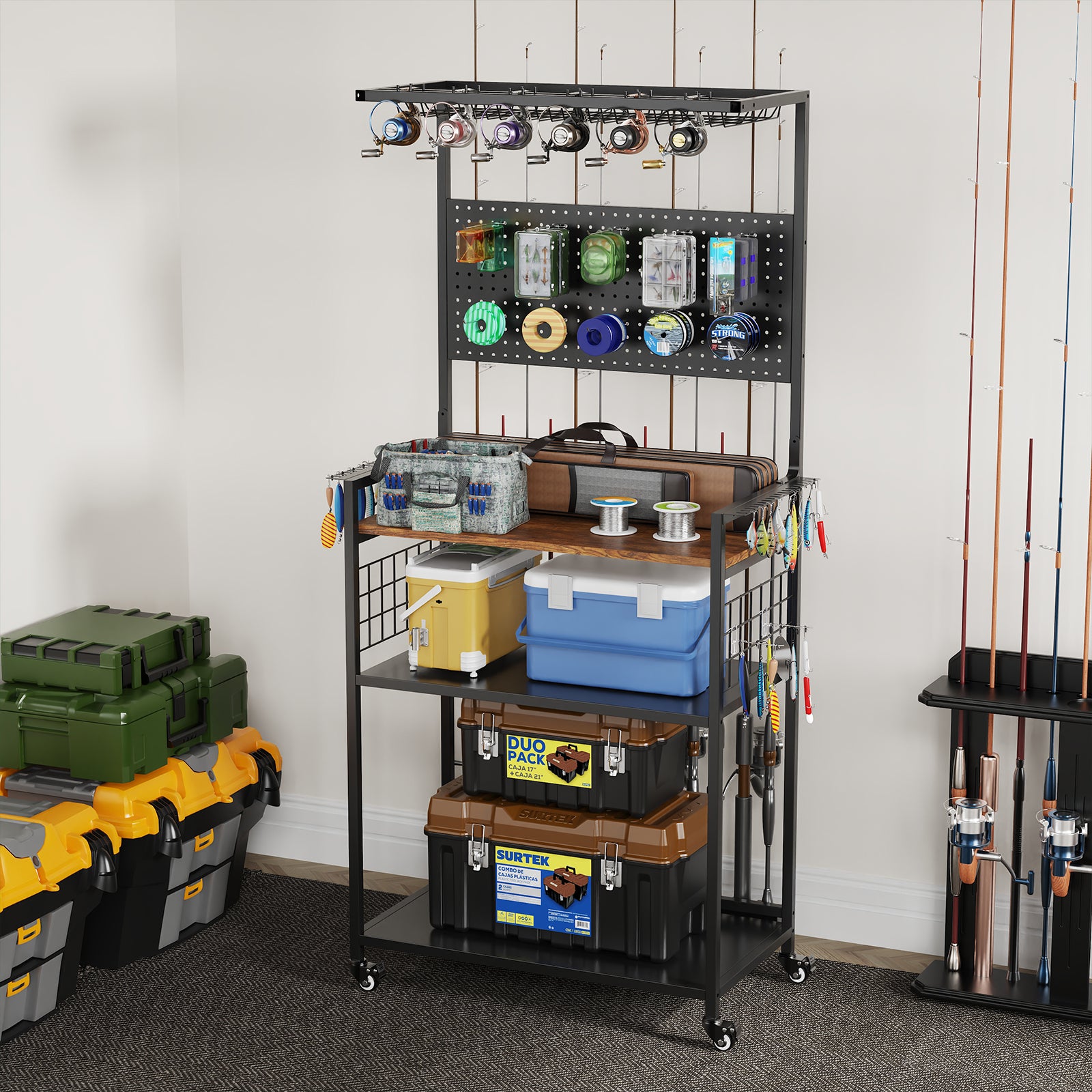 Rolling Fishing Rod Storage Rack with Pegboard, Multi-Tier Tackle Organizer Cart for Rods, Reels & Tackle Boxes, Lockable Wheels, Black