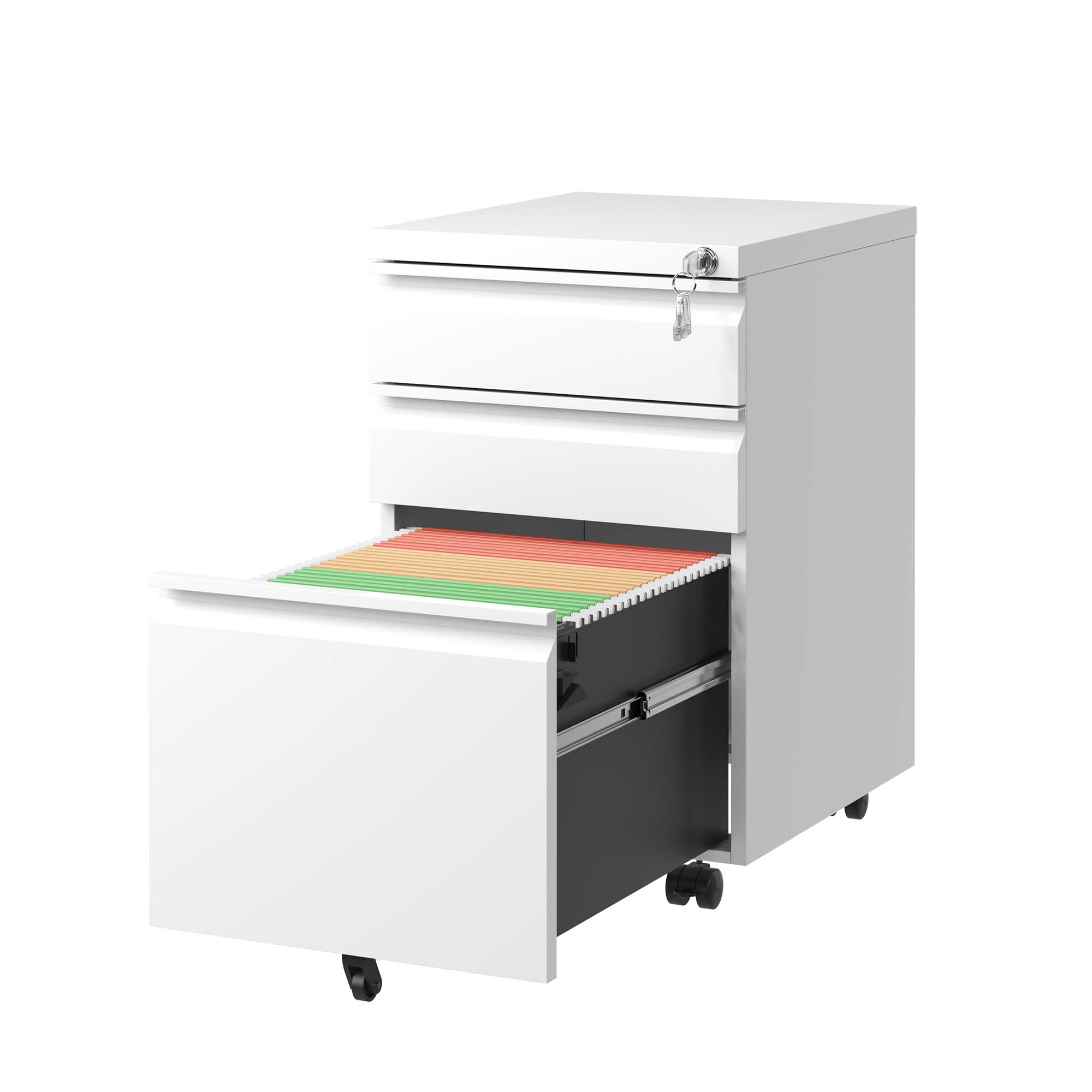 3 Drawer Mobile File Cabinet with Lock,Metal Filing Cabinets for Home Office Organizer Letters/Legal/A4,Fully Assembled Except Wheels,White