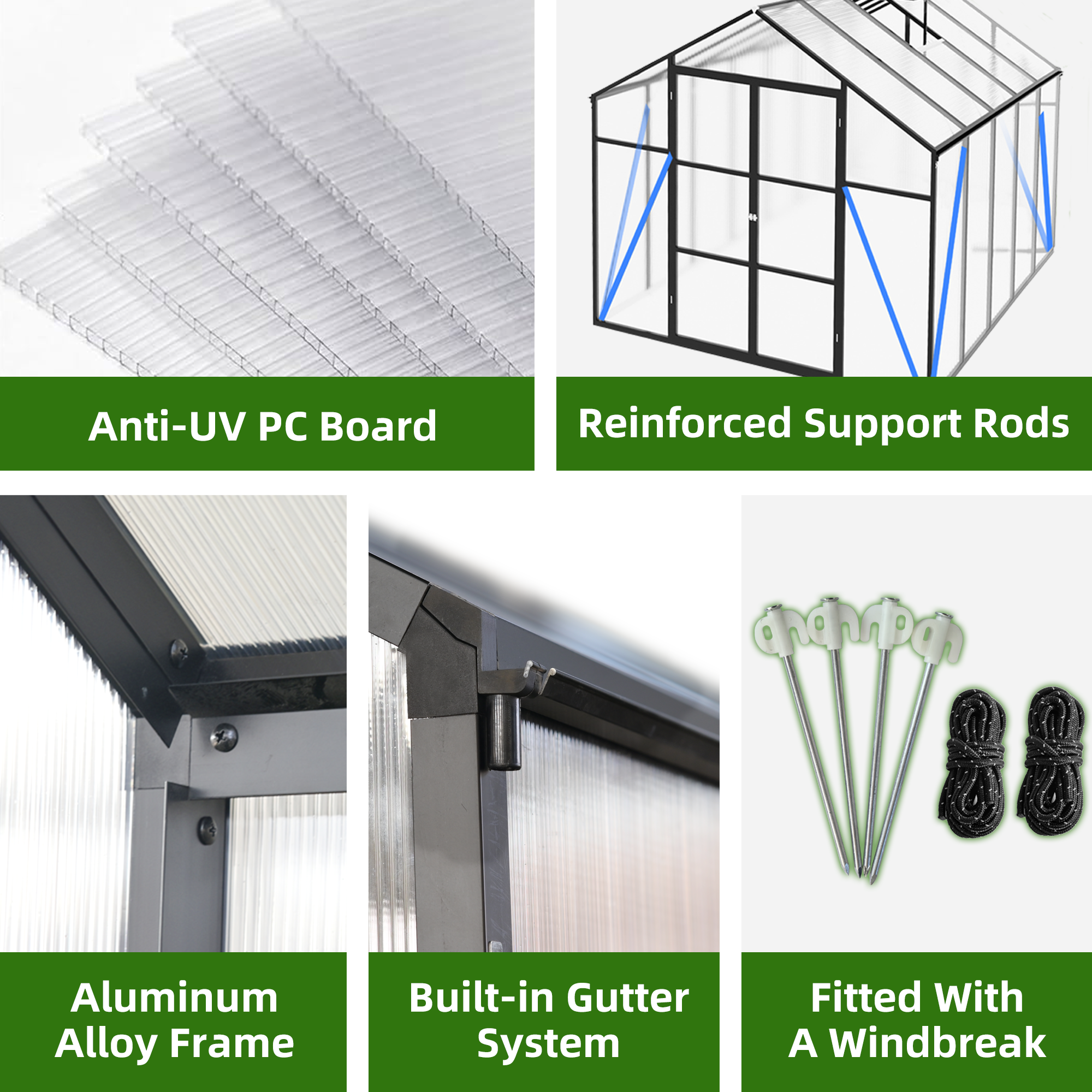 8ft x 10ft Heavy‑Duty Aluminum Walk‑In Greenhouse — 4mm Polycarbonate Panels Drainage System & Adjustable Vents Black