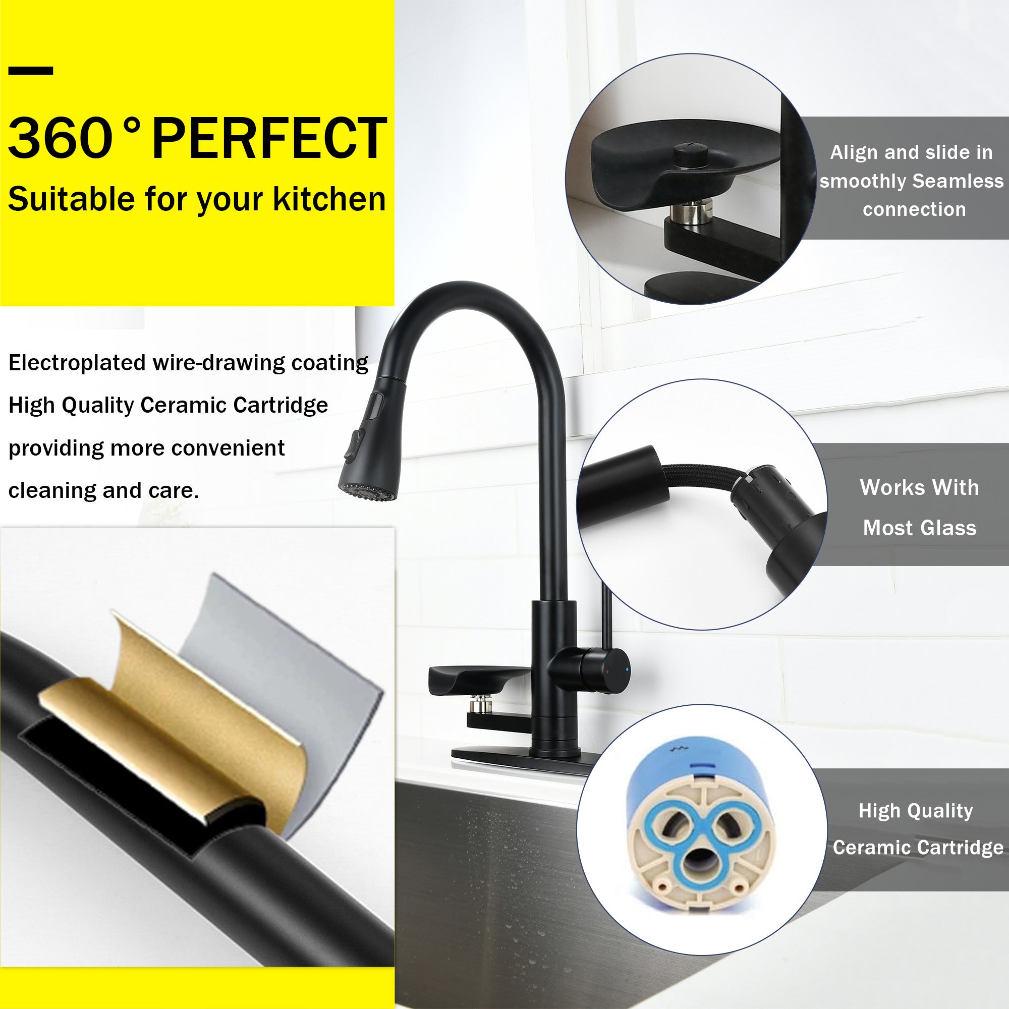 3-in-1 Kitchen Faucet with 3-Color LED Temperature Display, Press-Type Glass Rinser, High-Arc Pull-Down Sprayer, 3 Spray Modes, Matte Black Finish for Modern Kitchen Sink