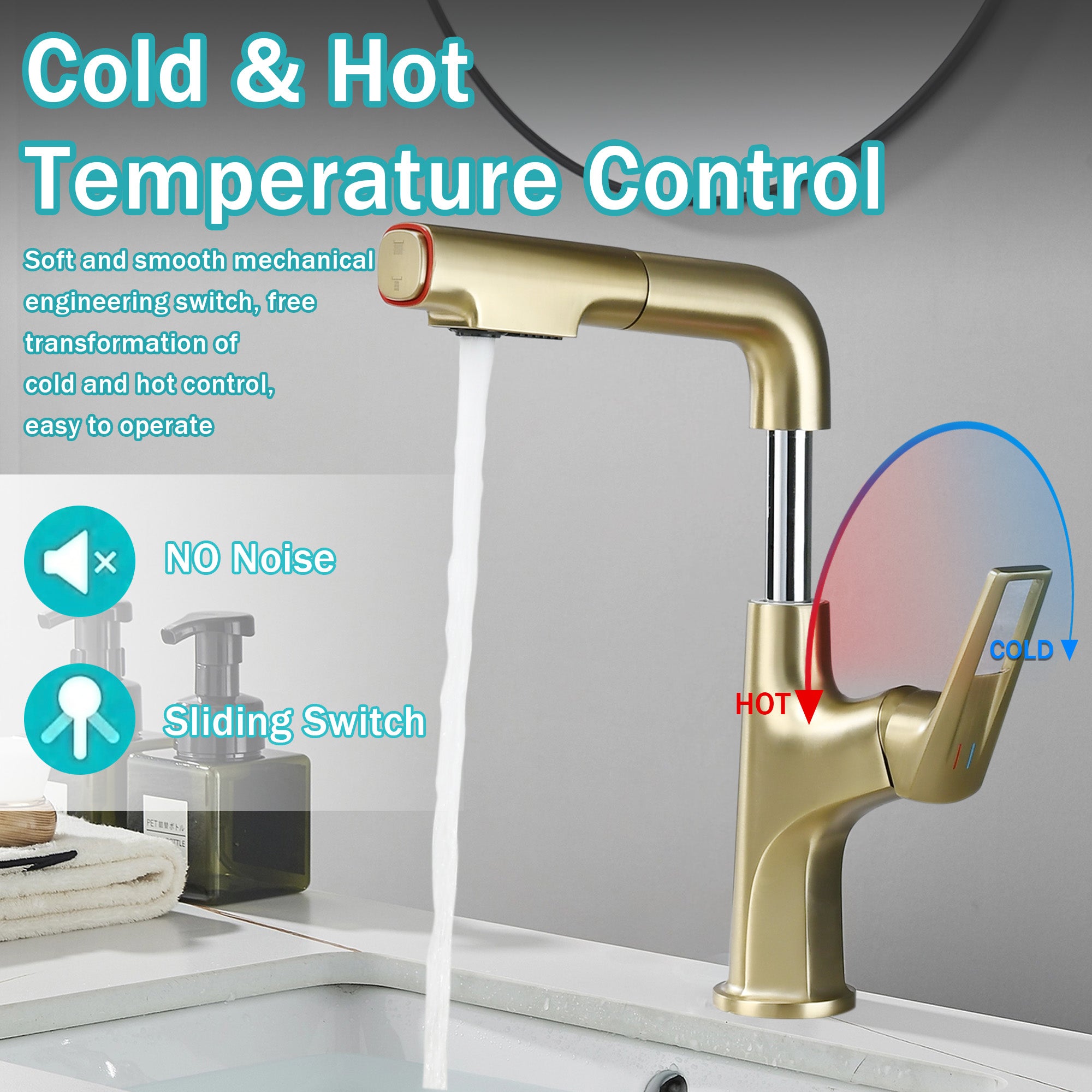 Brushed Gold Pull-Down Vessel Faucet - Single Hole Bathroom Sink Faucet with Lift Spout & Dual Spray Modes