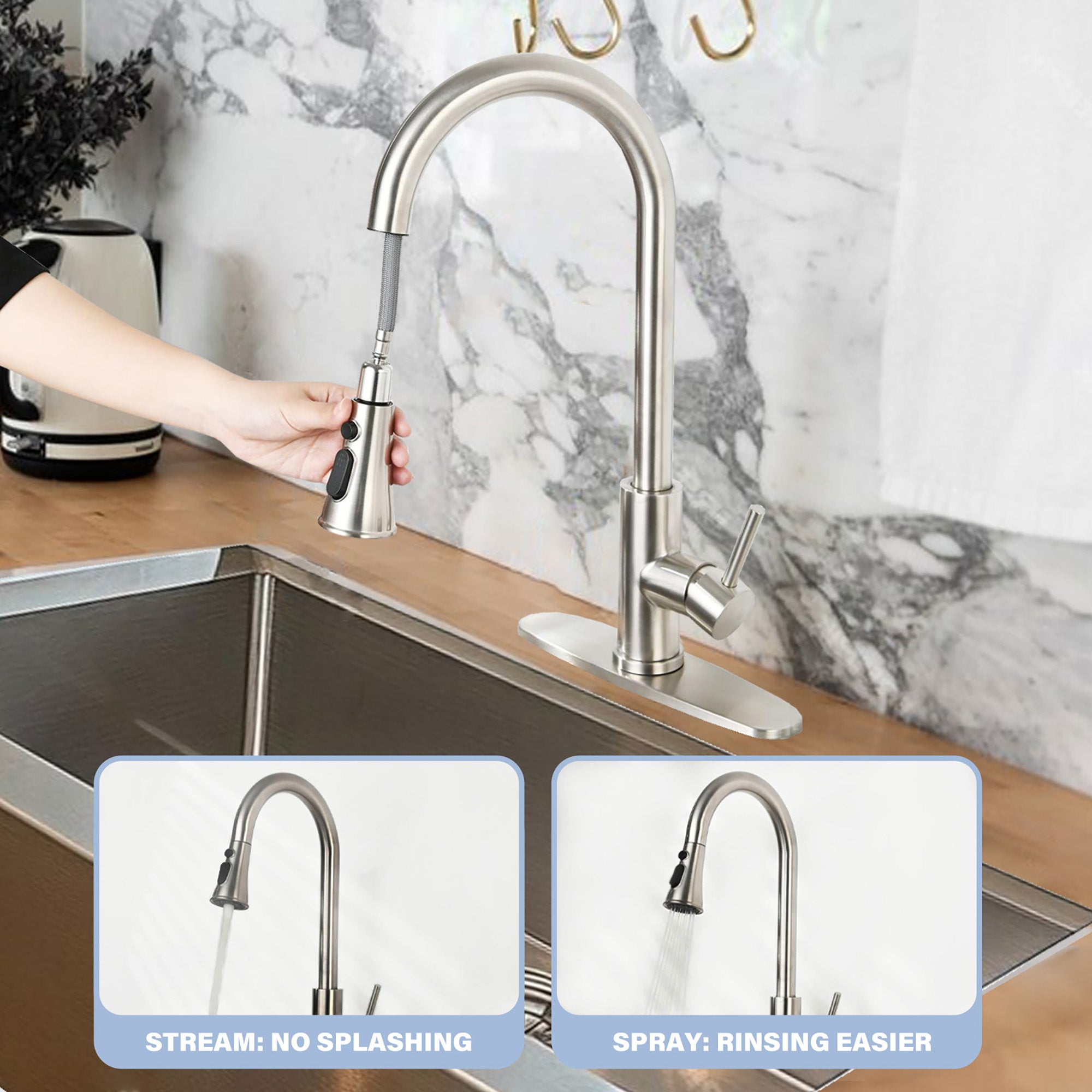 Brushed Nickel Pull-Down Kitchen Faucet - Single Hole Deck Mount with Stainless Steel Sprayer & Single Handle Control