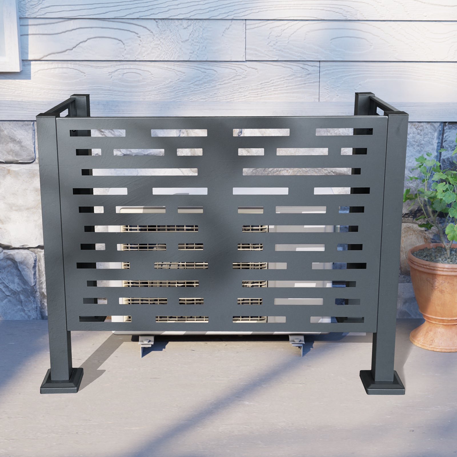 4 x 2 FT Metal Air Conditioner Privacy Fence with Flower Boxes — 3‑Panel Charcoal AC Cover, Freestanding