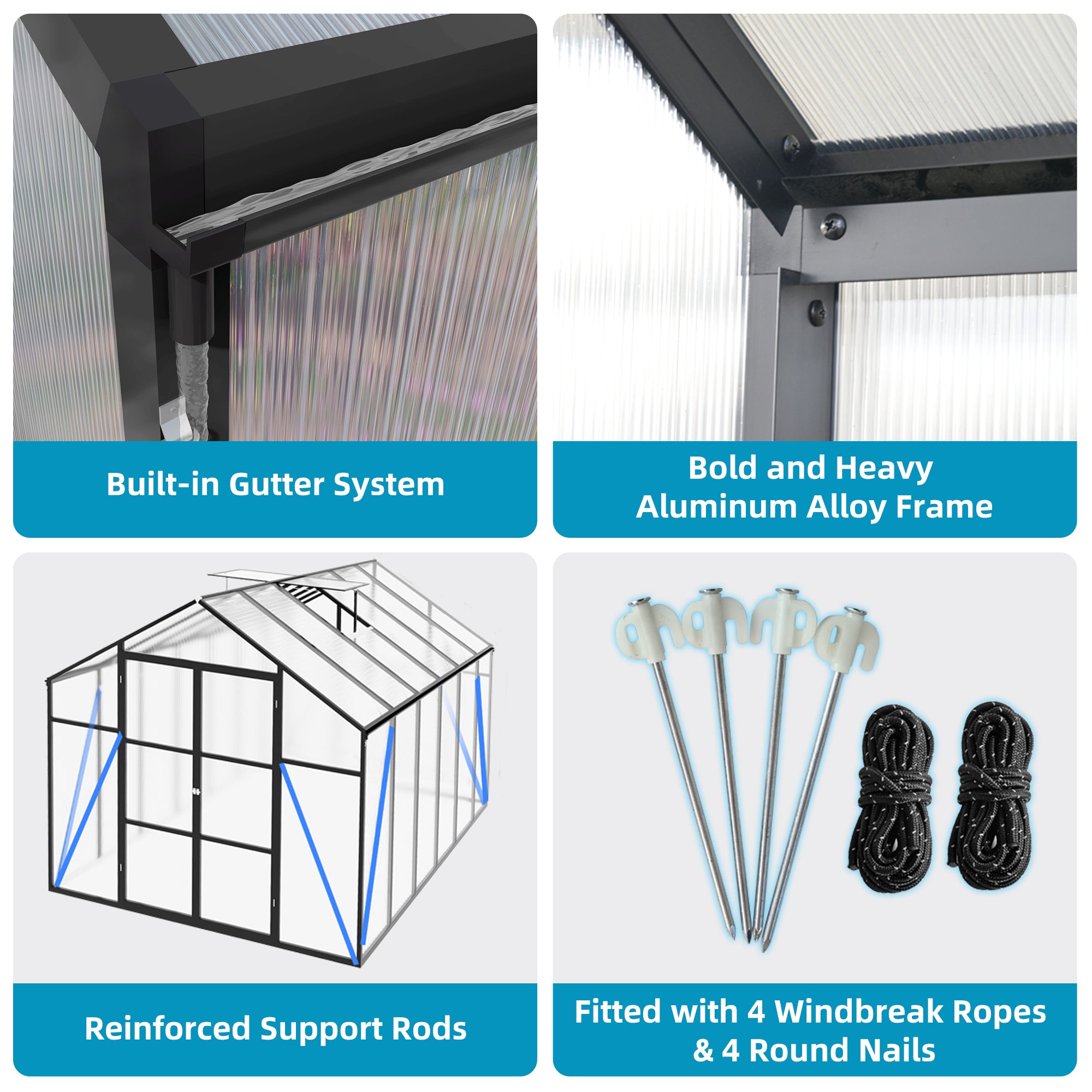 8ft x 12ft Heavy‑Duty Aluminum Walk‑In Greenhouse — 4mm Polycarbonate Panels Raised Base & Drainage System Black