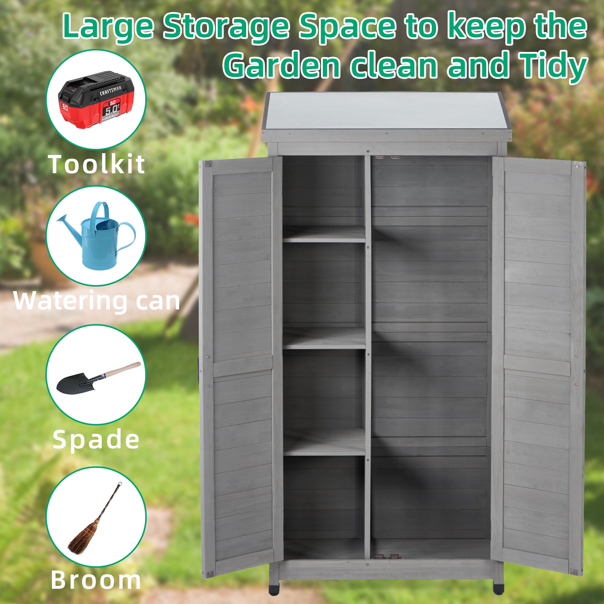 68" Outdoor Storage Cabinet – Tall Wood Garden Shed with Metal Top & Rustic Gray Finish