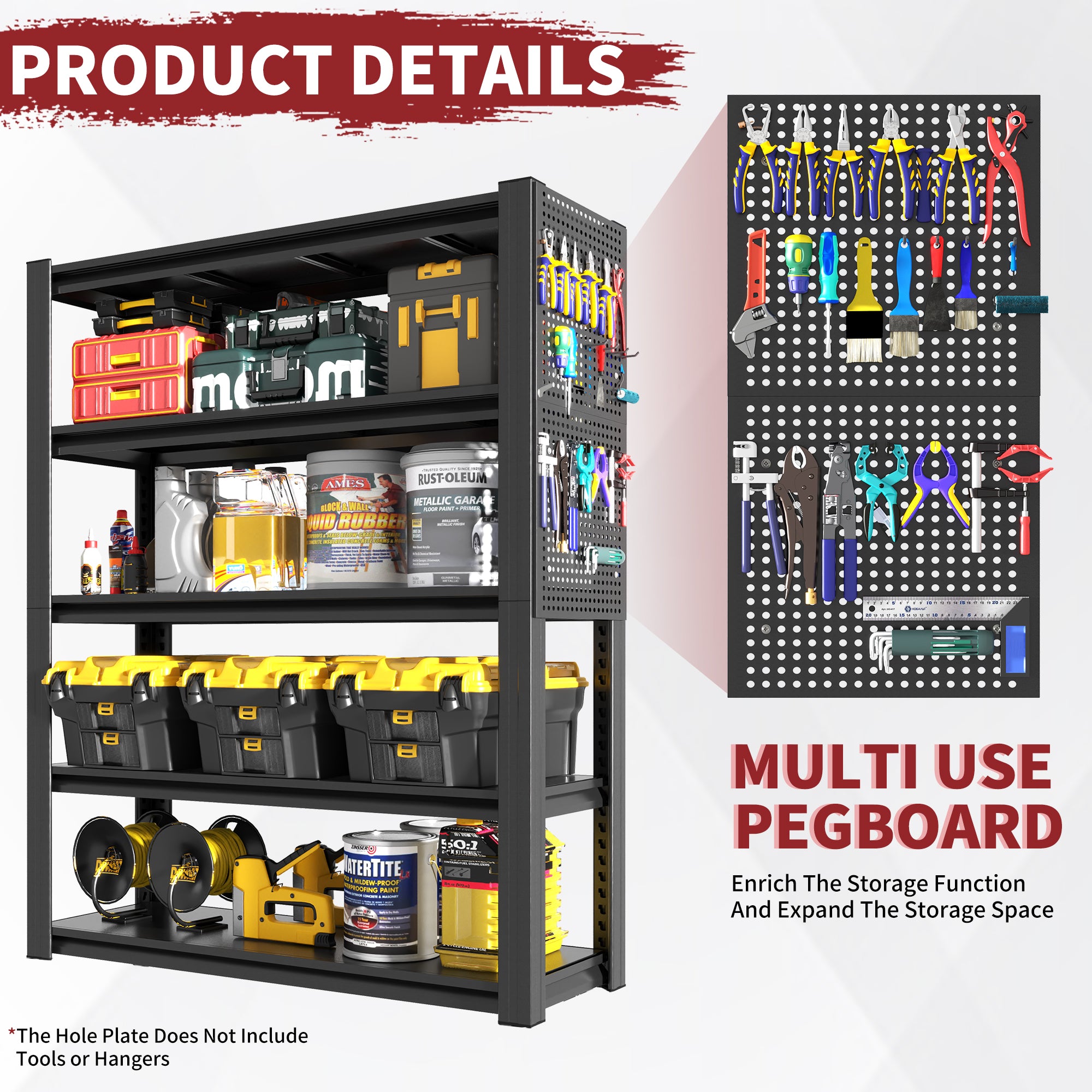 5-Tier Heavy-Duty Metal Shelving Unit with Pegboard, 78"H x 47.2"W x 18"D, 2000 lb Capacity