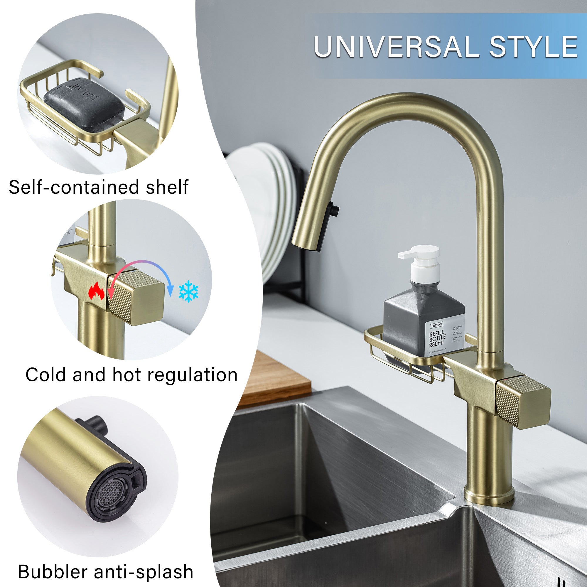 High Arc Pull-Down Kitchen Faucet - Single Hole Stainless Steel, Modern Sink Faucet (Brushed Gold)