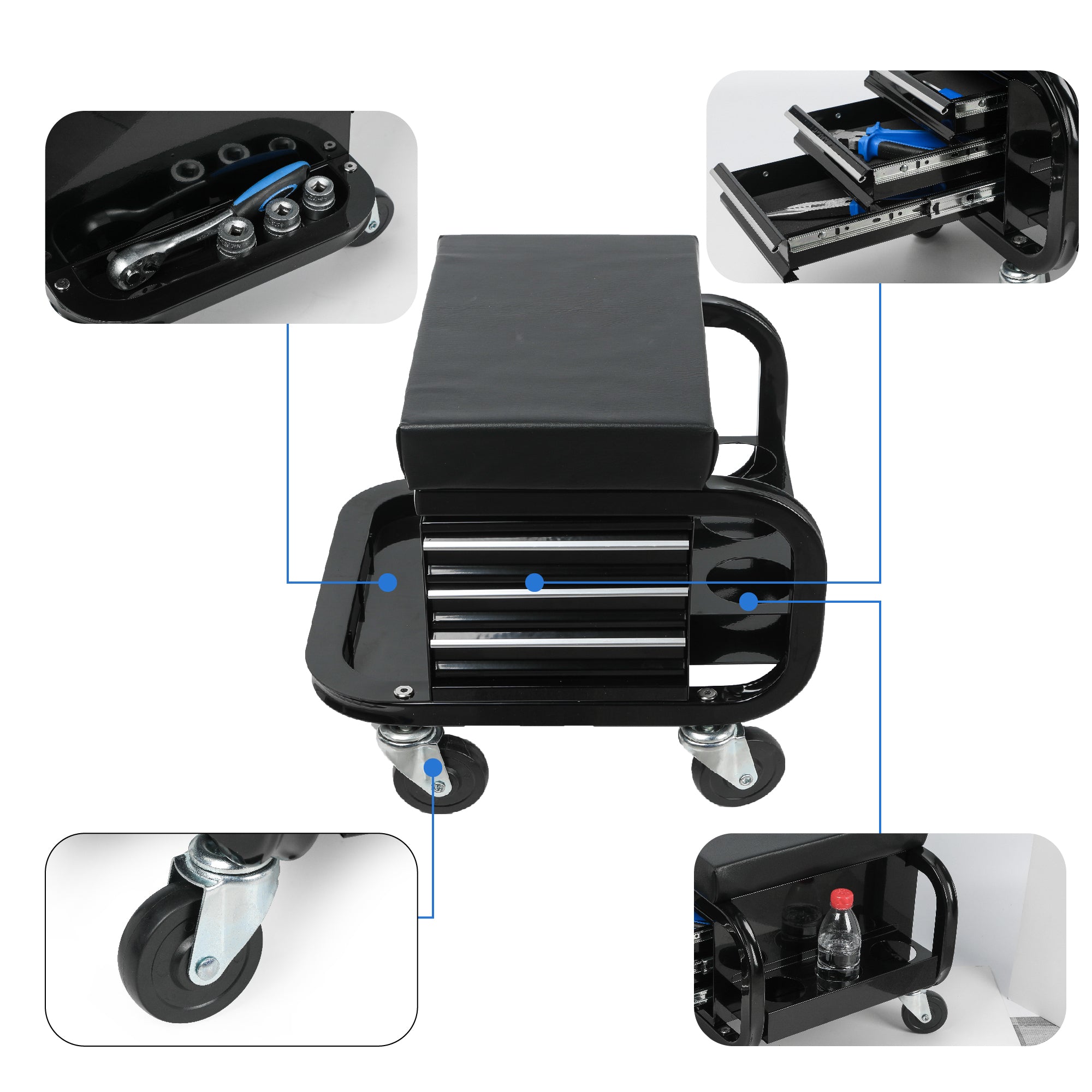 Rolling Creeper Garage/Shop Seat with Three Built-in Drawers, Rolling Tool Chest,Black