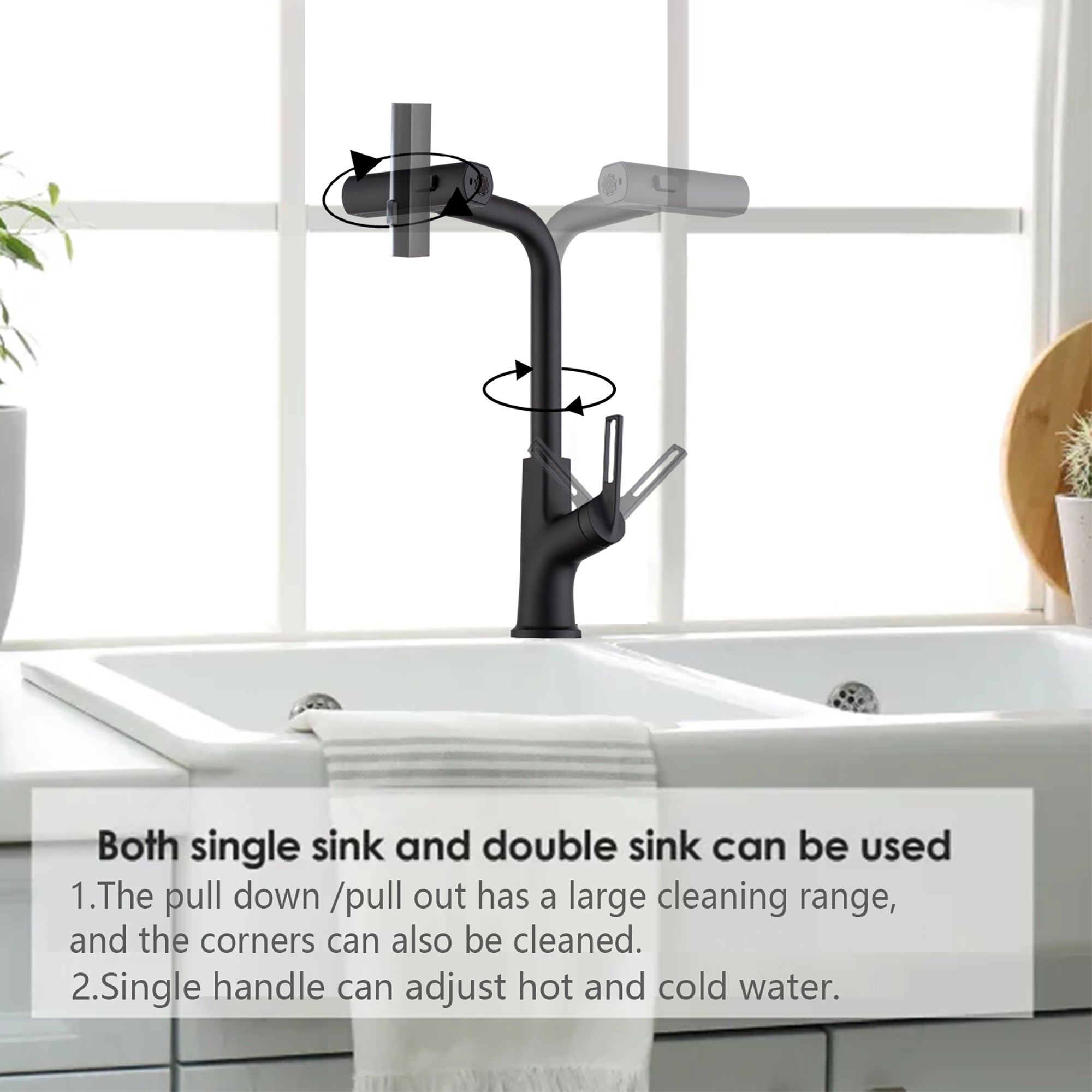 Kitchen waterfall faucet with pull down sprayer, single handle kitchen sink faucet with pull out sprayer, 360° rotating kitchen faucet