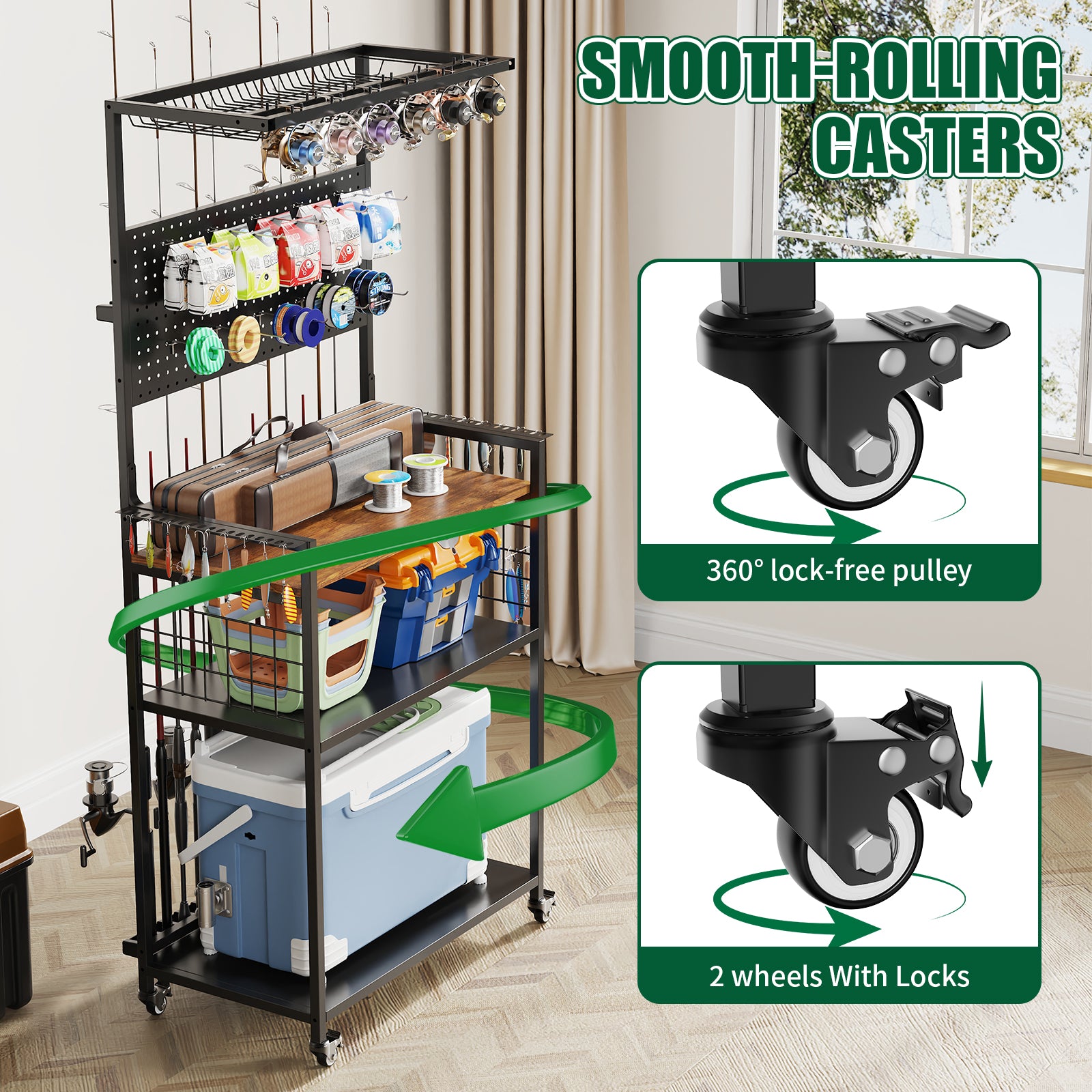 Rolling Fishing Rod Storage Rack with Pegboard, Multi-Tier Tackle Organizer Cart for Rods, Reels & Tackle Boxes, Lockable Wheels, Black