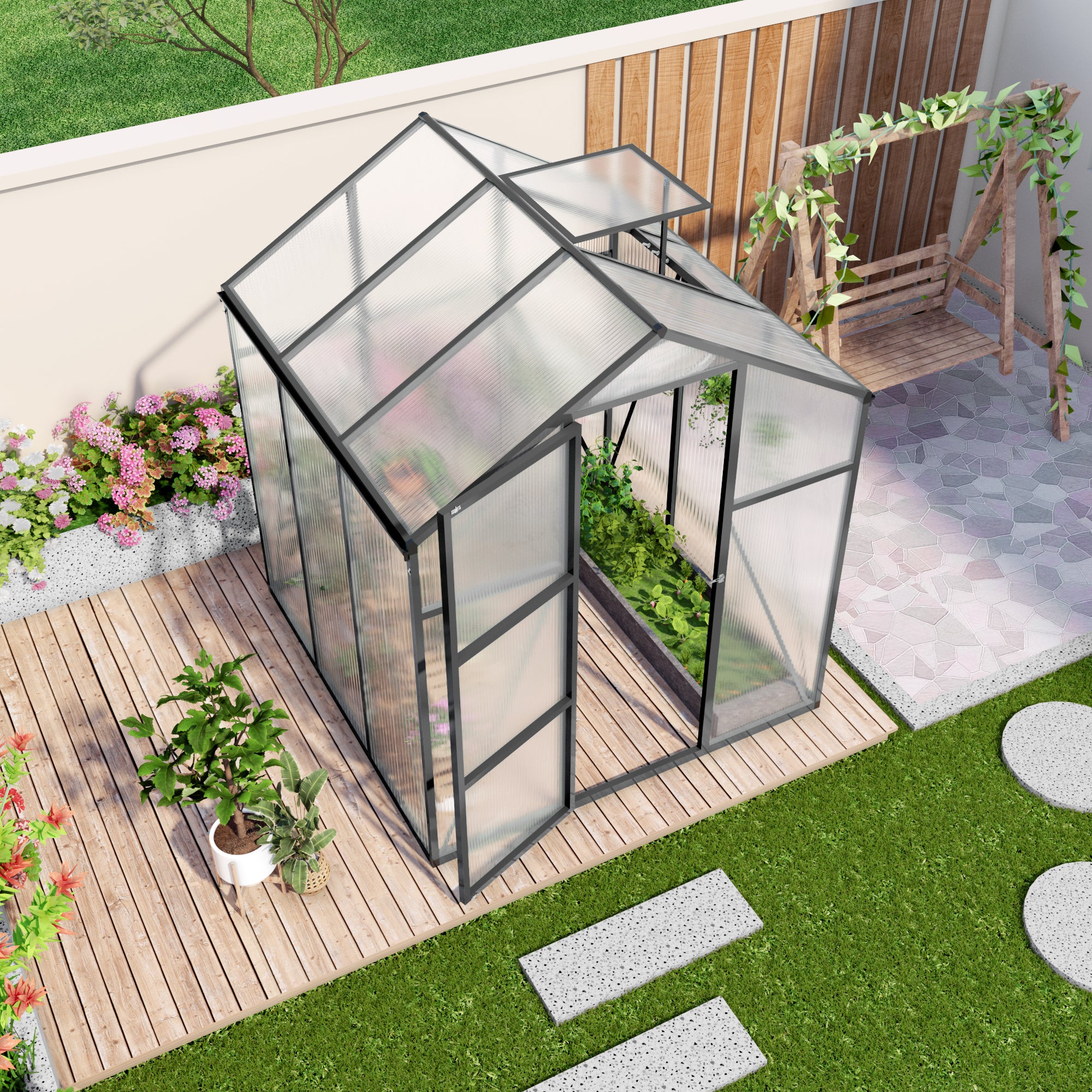 6ft x 6ft Heavy‑Duty Aluminum Walk‑In Greenhouse — Raised Base Polycarbonate Panels & Drainage System Black