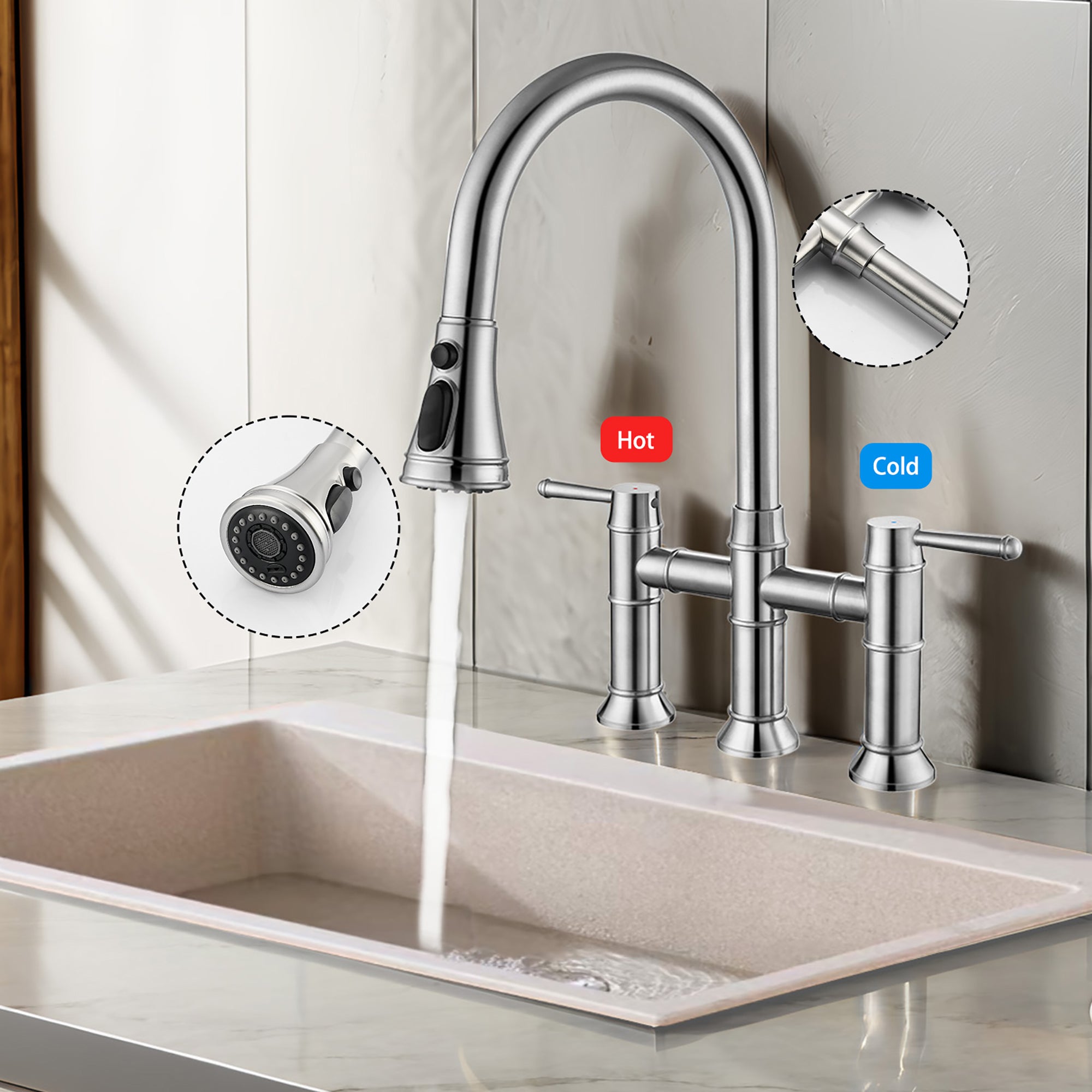 Bridge Kitchen Faucet Pull Down Sprayer Spot Free Stainless Steel Commercial Grade