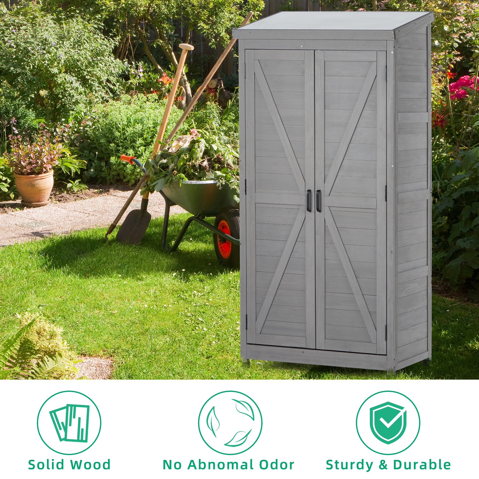 68" Outdoor Storage Cabinet – Tall Wood Garden Shed with Metal Top & Rustic Gray Finish