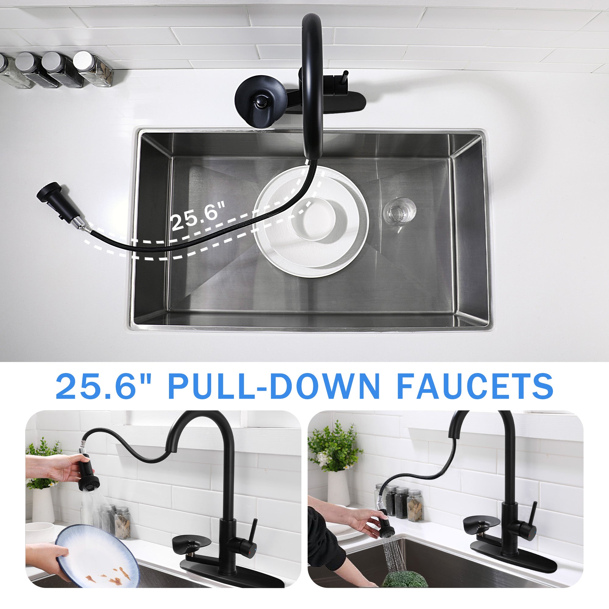 3-in-1 Kitchen Faucet with Press-Type Glass Rinser, High-Arc Pull-Down Sprayer Faucet, 3 Function Spray Mode, Matte Black Finish, for Modern Kitchen Sink