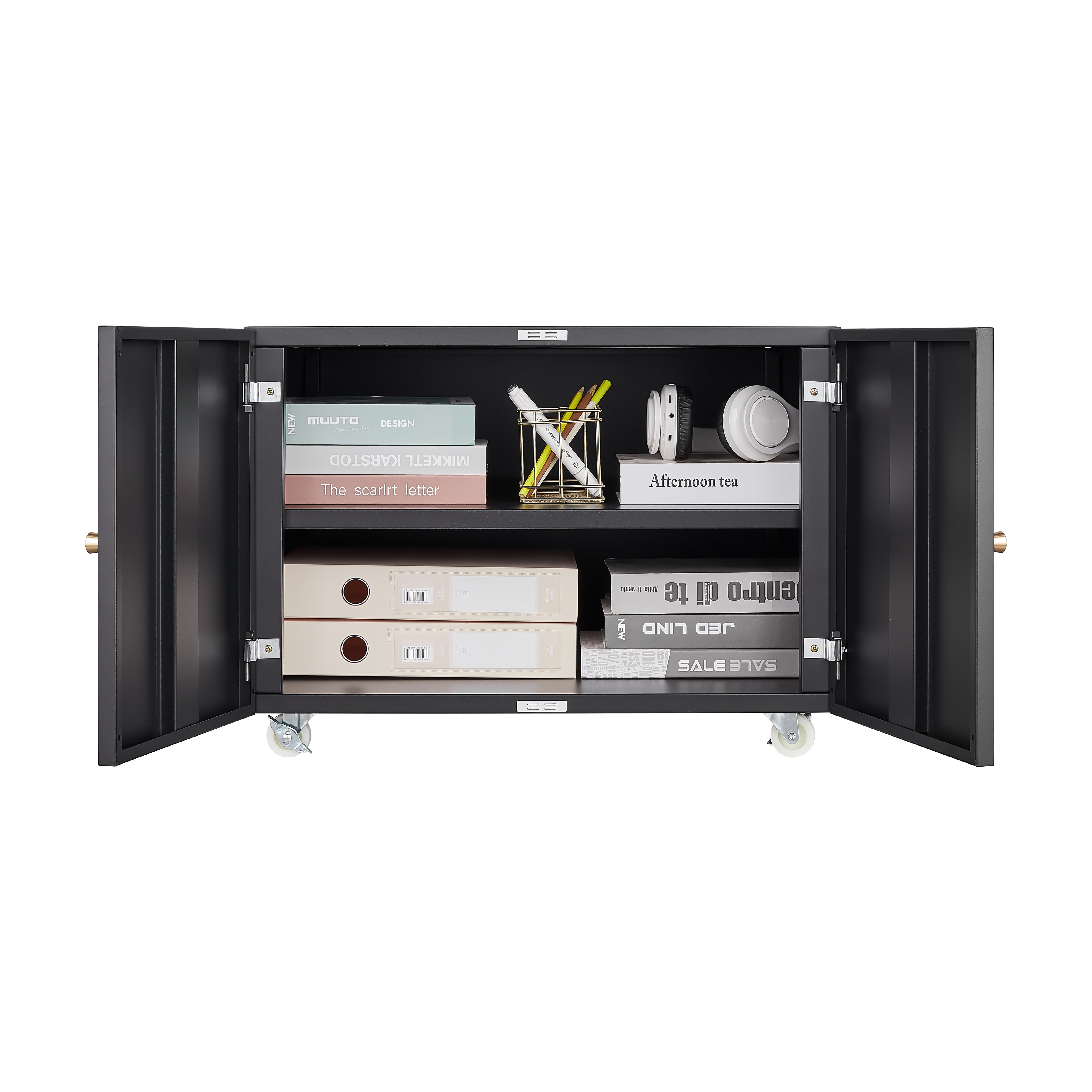 Black Metal Double-Door Printer Cabinet with 360° Lockable Casters, Adjustable Shelves, Waterproof Storage Cabinet for Office / Home / Garage
