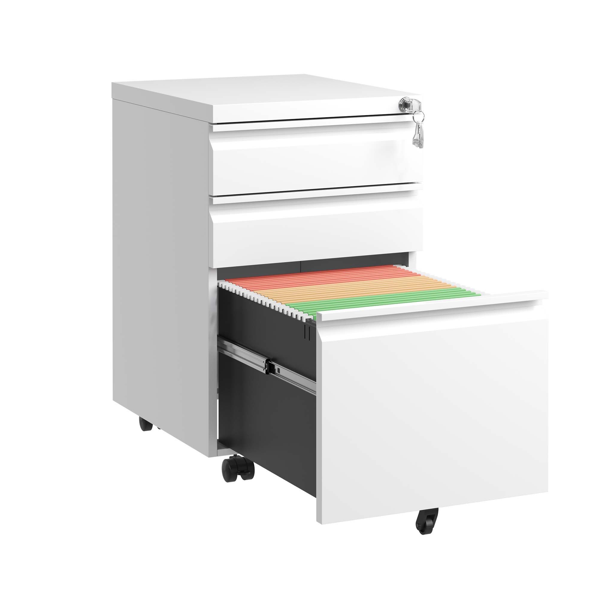 3 Drawer Mobile File Cabinet with Lock,Metal Filing Cabinets for Home Office Organizer Letters/Legal/A4,Fully Assembled Except Wheels,White