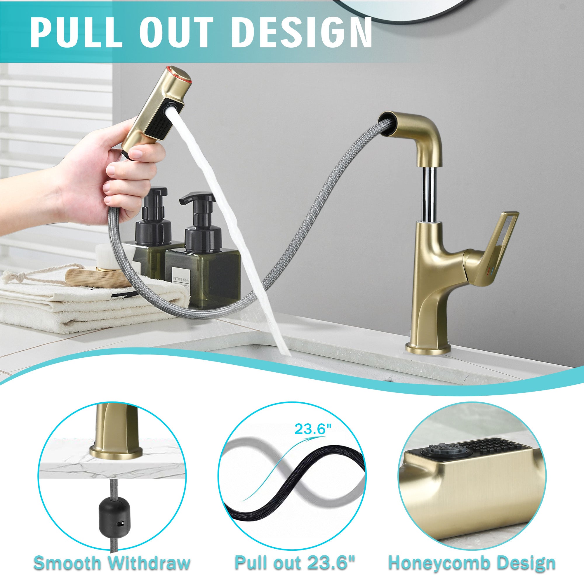 Brushed Gold Pull-Down Vessel Faucet - Single Hole Bathroom Sink Faucet with Lift Spout & Dual Spray Modes