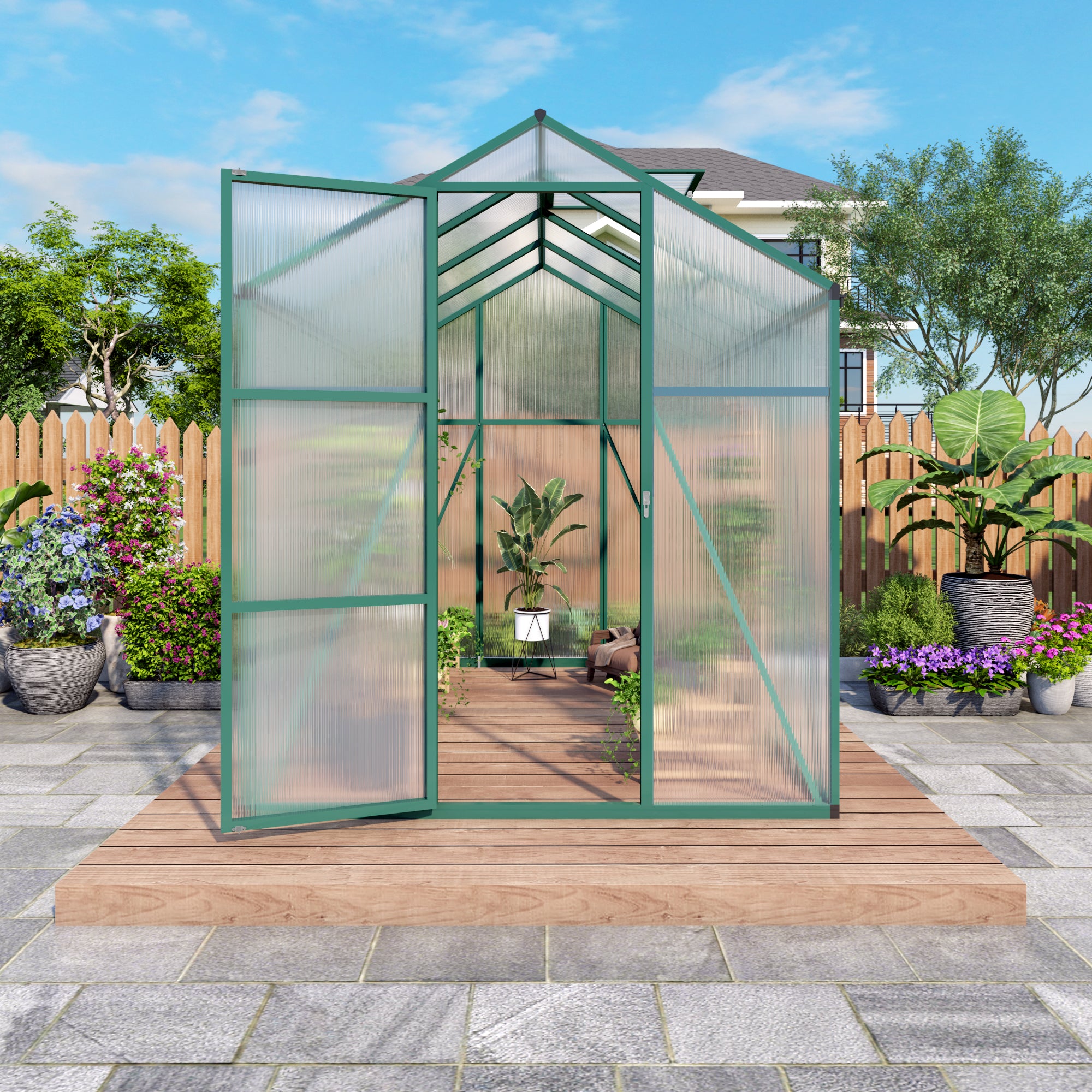 6ft x 8ft Heavy‑Duty Aluminum Walk‑In Greenhouse — Wind‑Resistant Polycarbonate Panels with Raised Base & Drainage System Green