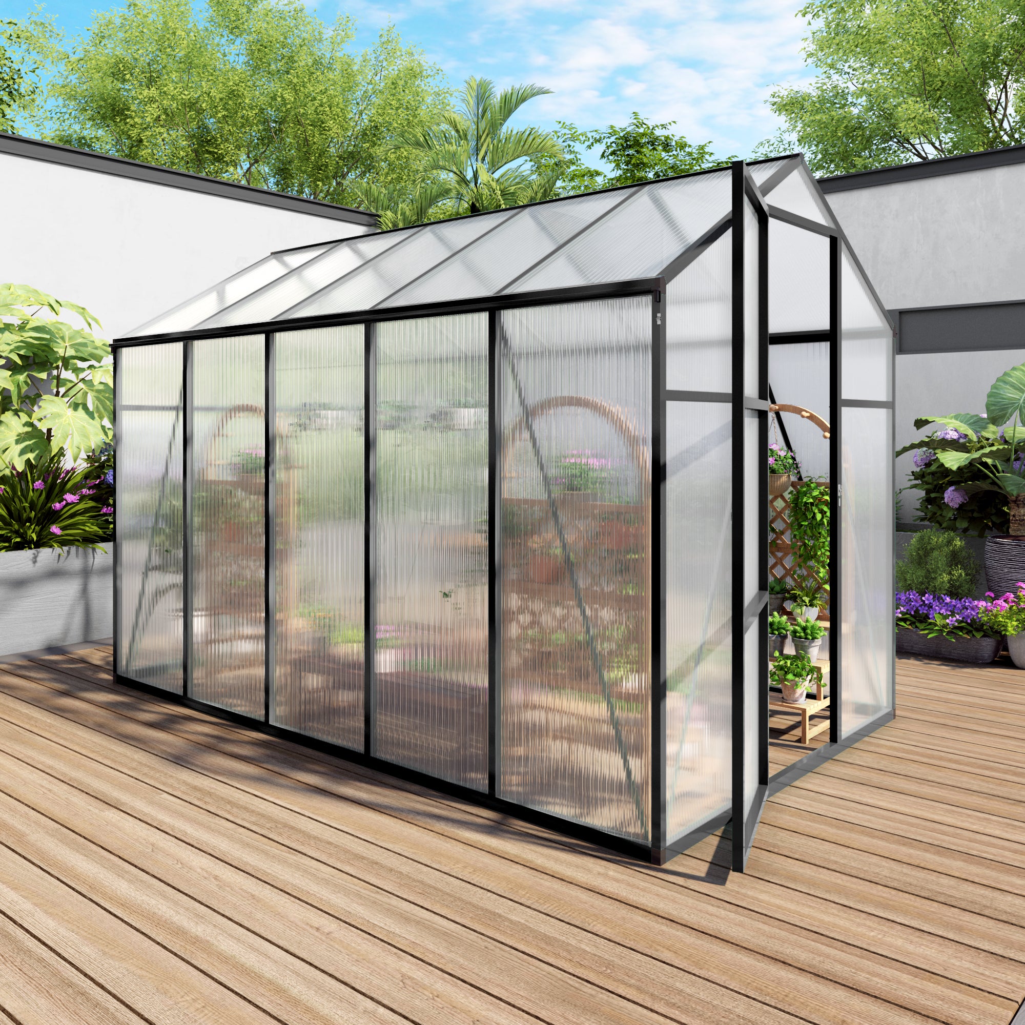 6ft x 10ft Heavy‑Duty Aluminum Walk‑In Greenhouse — Wind‑Resistant Polycarbonate Panels with Raised Base & Drainage System Black