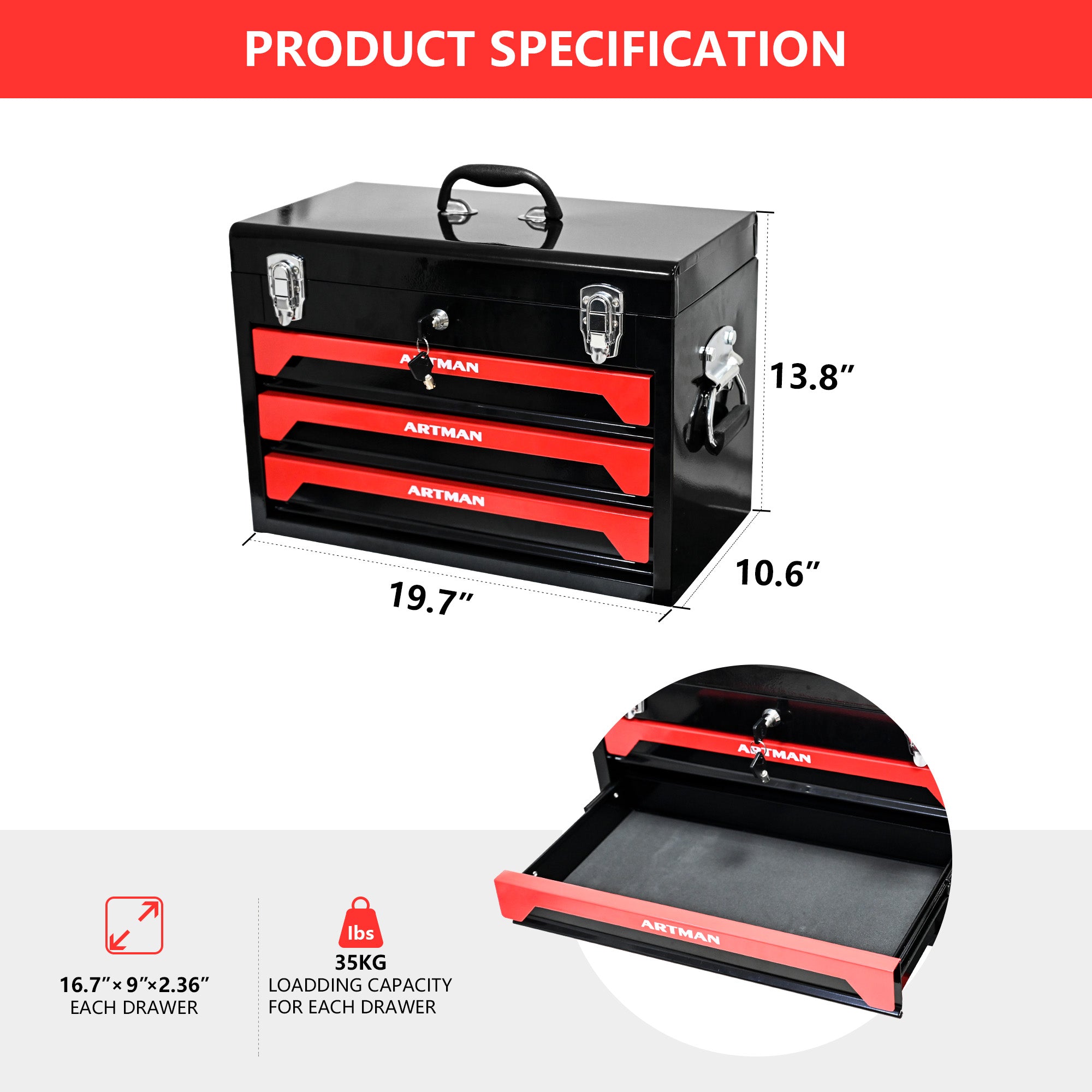20" Portable 3 Drawer Steel Tool Box with Metal Latch Closure, Black&Red