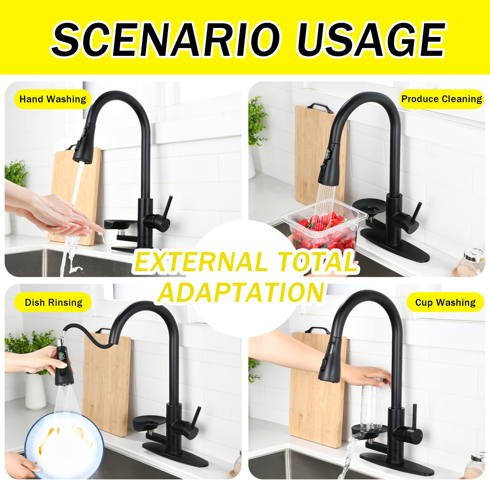 3-in-1 Kitchen Faucet with 3-Color LED Temperature Display, Press-Type Glass Rinser, High-Arc Pull-Down Sprayer, 3 Spray Modes, Matte Black Finish for Modern Kitchen Sink