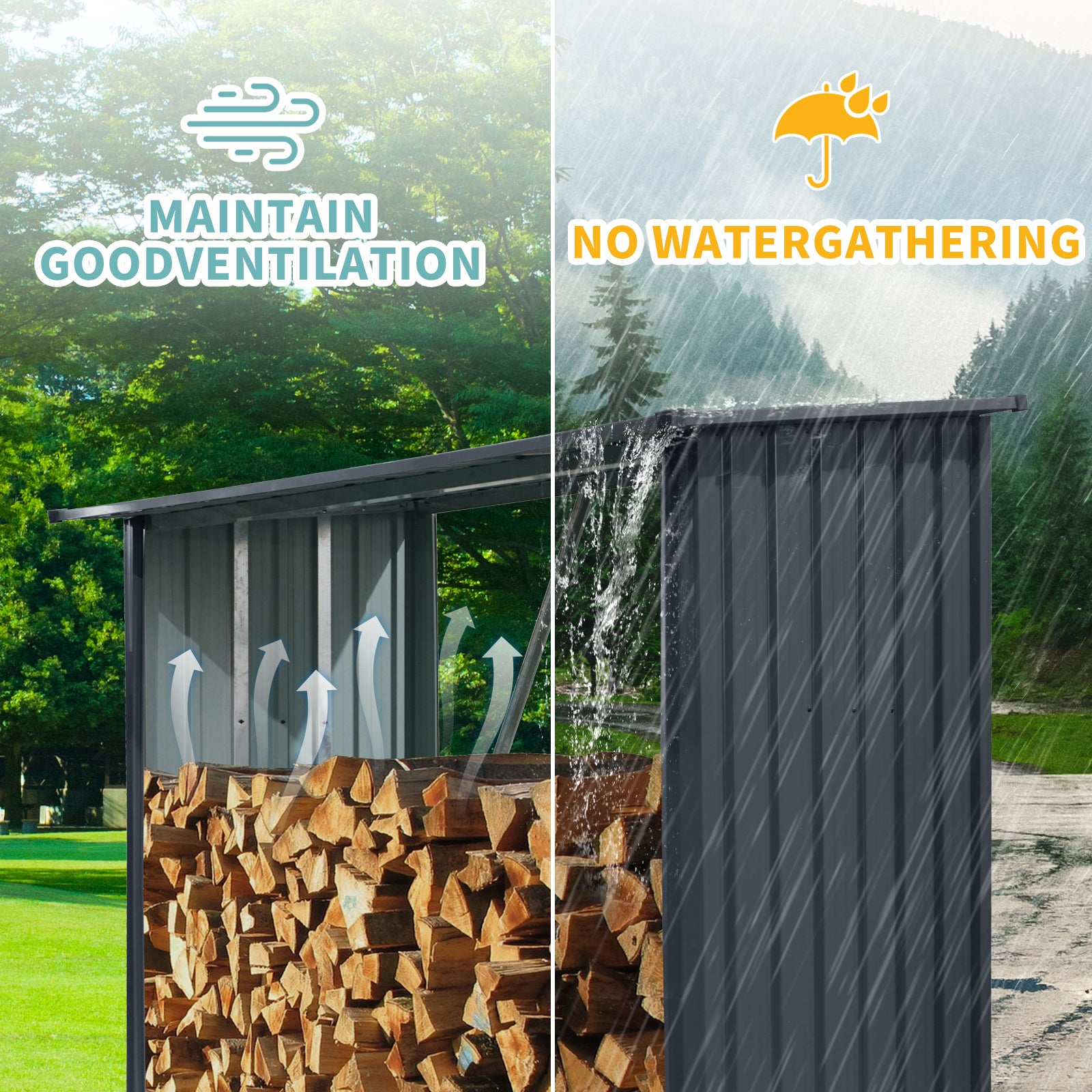 Outdoor Steel Firewood Rack with Sloped Roof Wood Shed — 85.5" Wide, Black