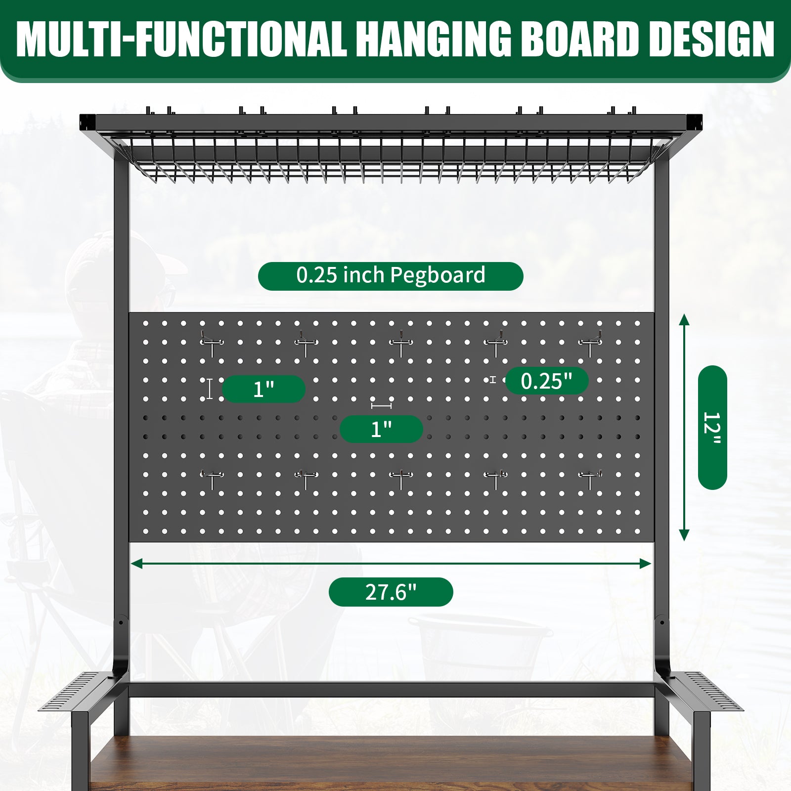 Rolling Fishing Rod Storage Rack with Pegboard, Multi-Tier Tackle Organizer Cart for Rods, Reels & Tackle Boxes, Lockable Wheels, Black