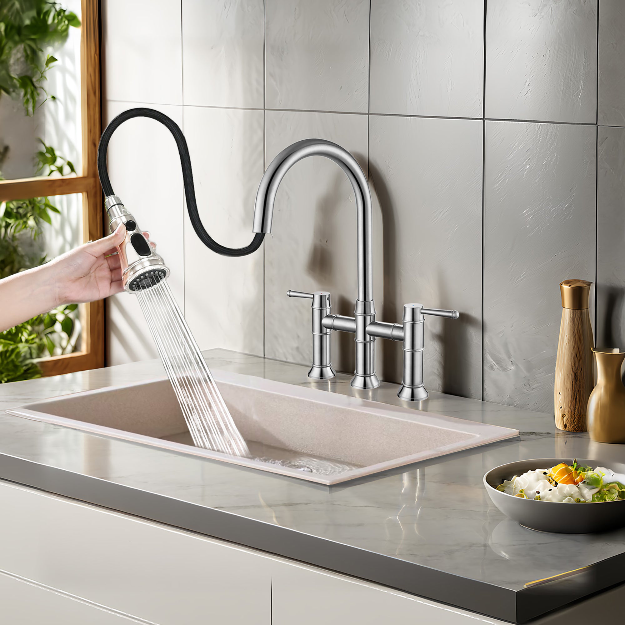 Bridge Kitchen Faucet Pull Down Sprayer Spot Free Stainless Steel Commercial Grade