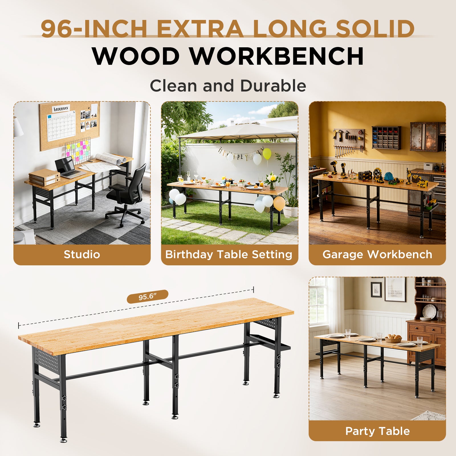 96" Adjustable Workbench with Side Pegboard, Solid Wood Top, 2000 lb Capacity, Power Outlet, Storage Box & Wheels