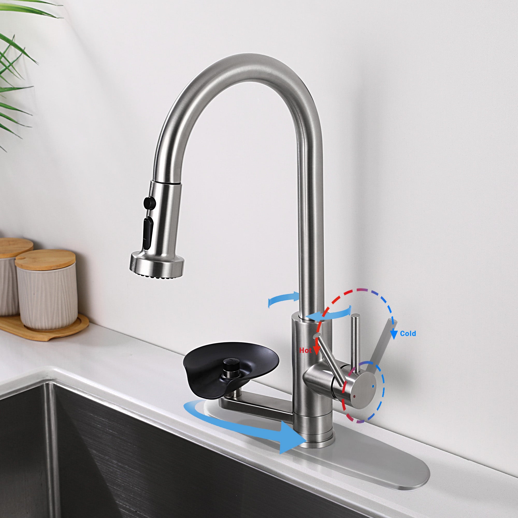 3-in-1 Kitchen Faucet with Press-Type Glass Rinser, High-Arc Pull-Down Sprayer Faucet, 3 Function Spray Mode, Brushed Nickel Finish, for Modern Kitchen Sink