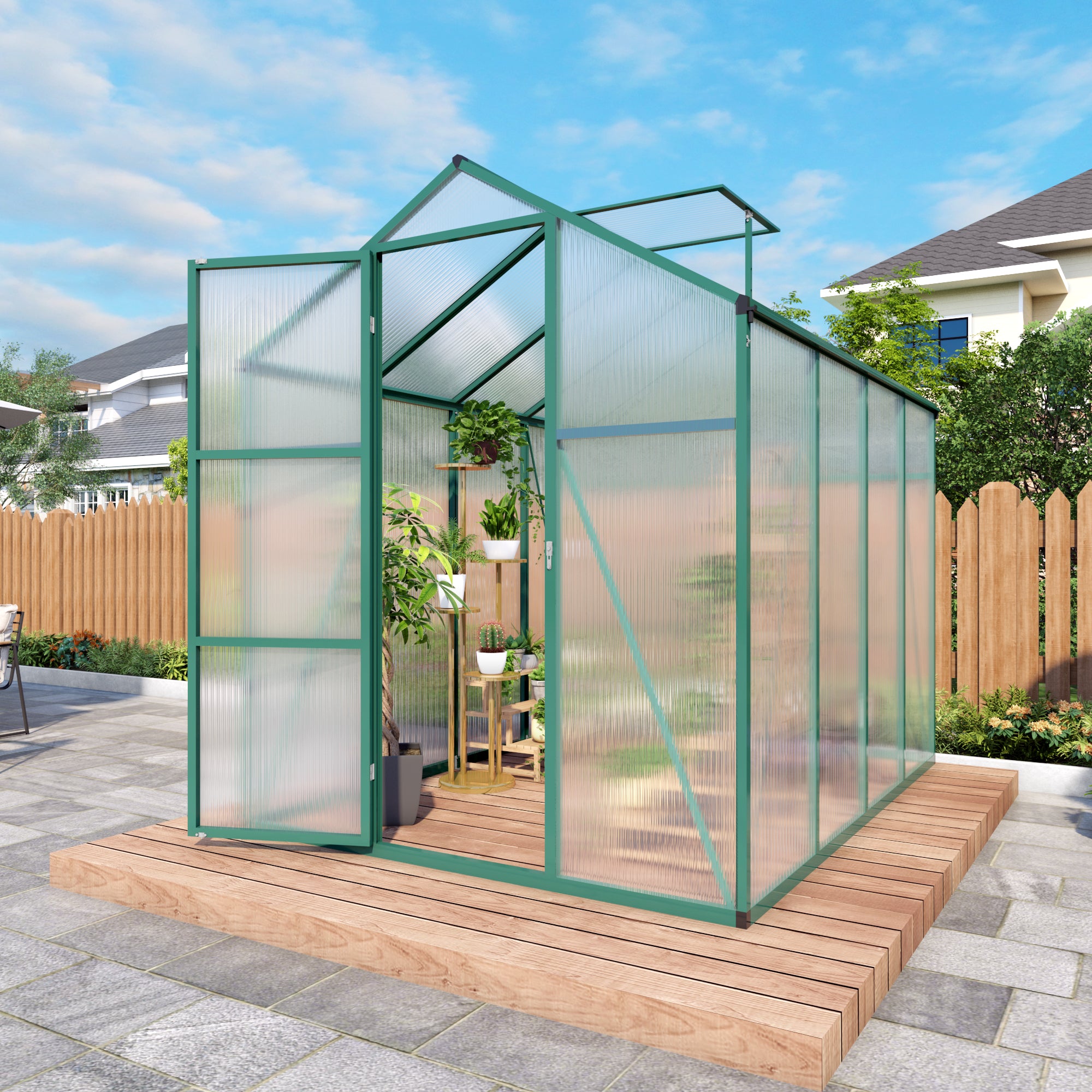 6ft x 8ft Heavy‑Duty Aluminum Walk‑In Greenhouse — Wind‑Resistant Polycarbonate Panels with Raised Base & Drainage System Green