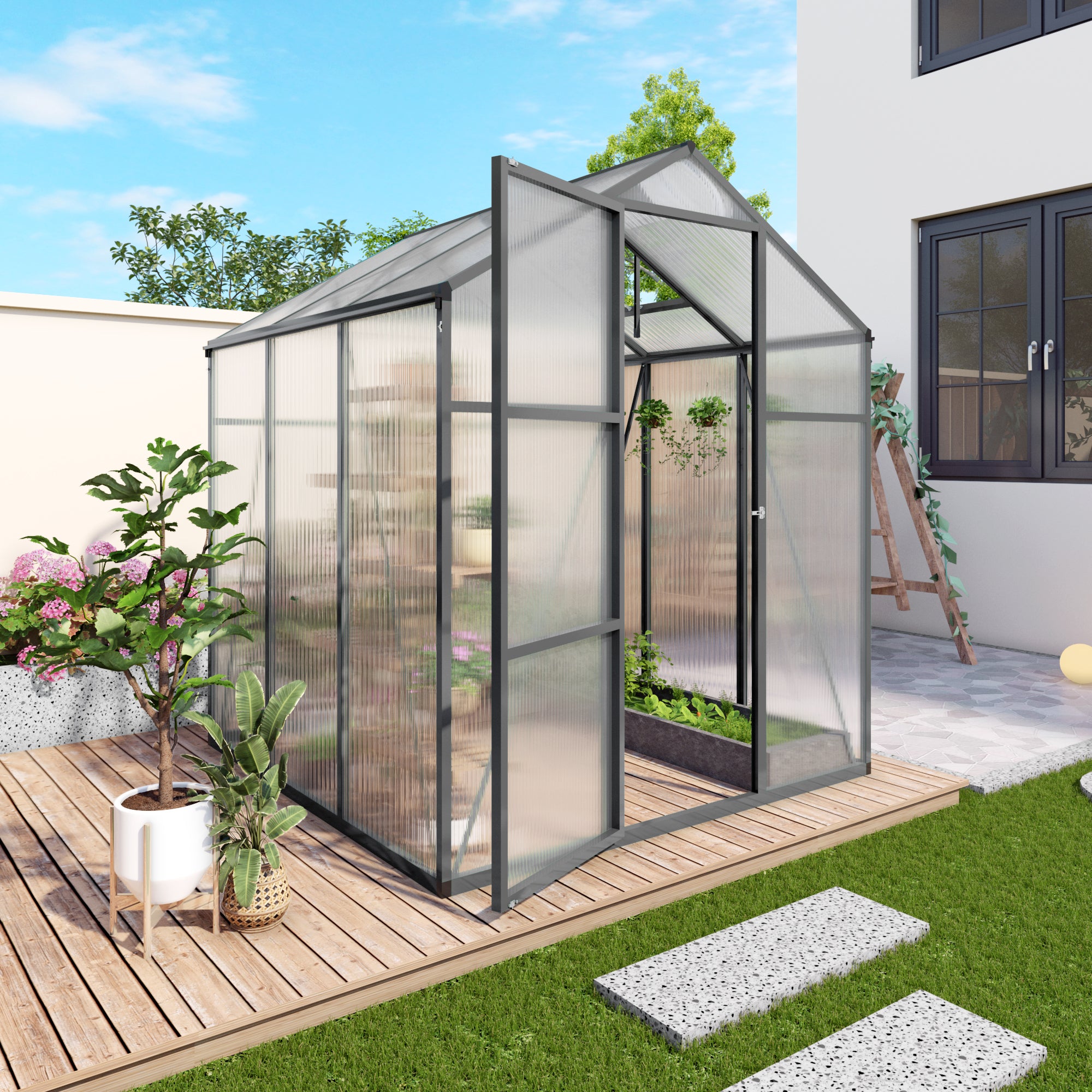 6ft x 6ft Heavy‑Duty Aluminum Walk‑In Greenhouse — Raised Base Polycarbonate Panels & Drainage System Black