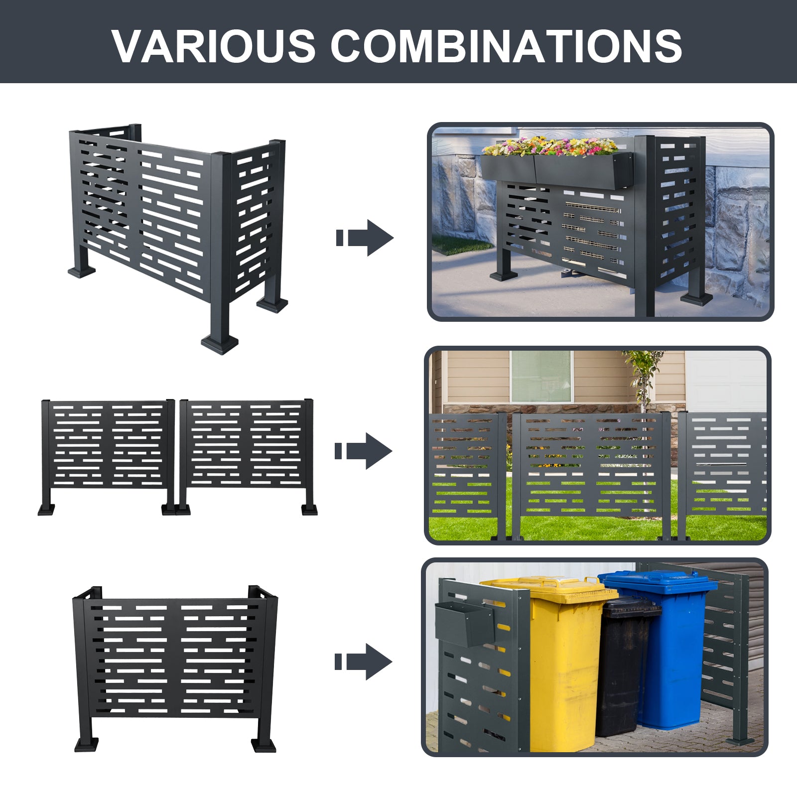 4 x 2 FT Metal Air Conditioner Privacy Fence with Flower Boxes — 3‑Panel Charcoal AC Cover, Freestanding