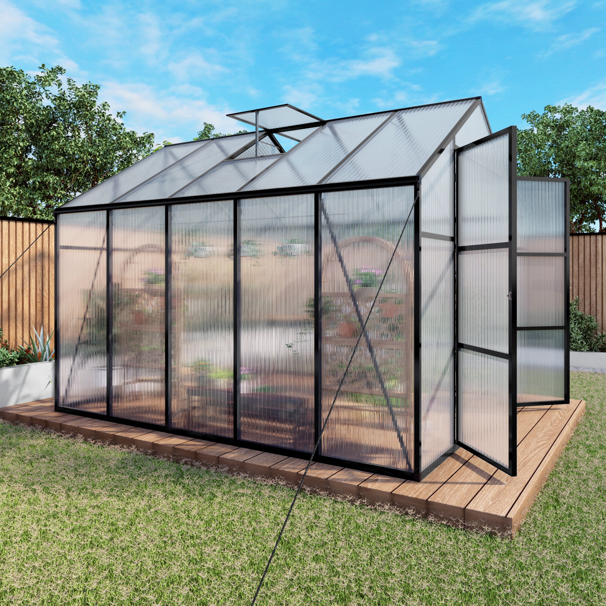 8ft x 10ft Heavy‑Duty Aluminum Walk‑In Greenhouse — 4mm Polycarbonate Panels Drainage System & Adjustable Vents Black