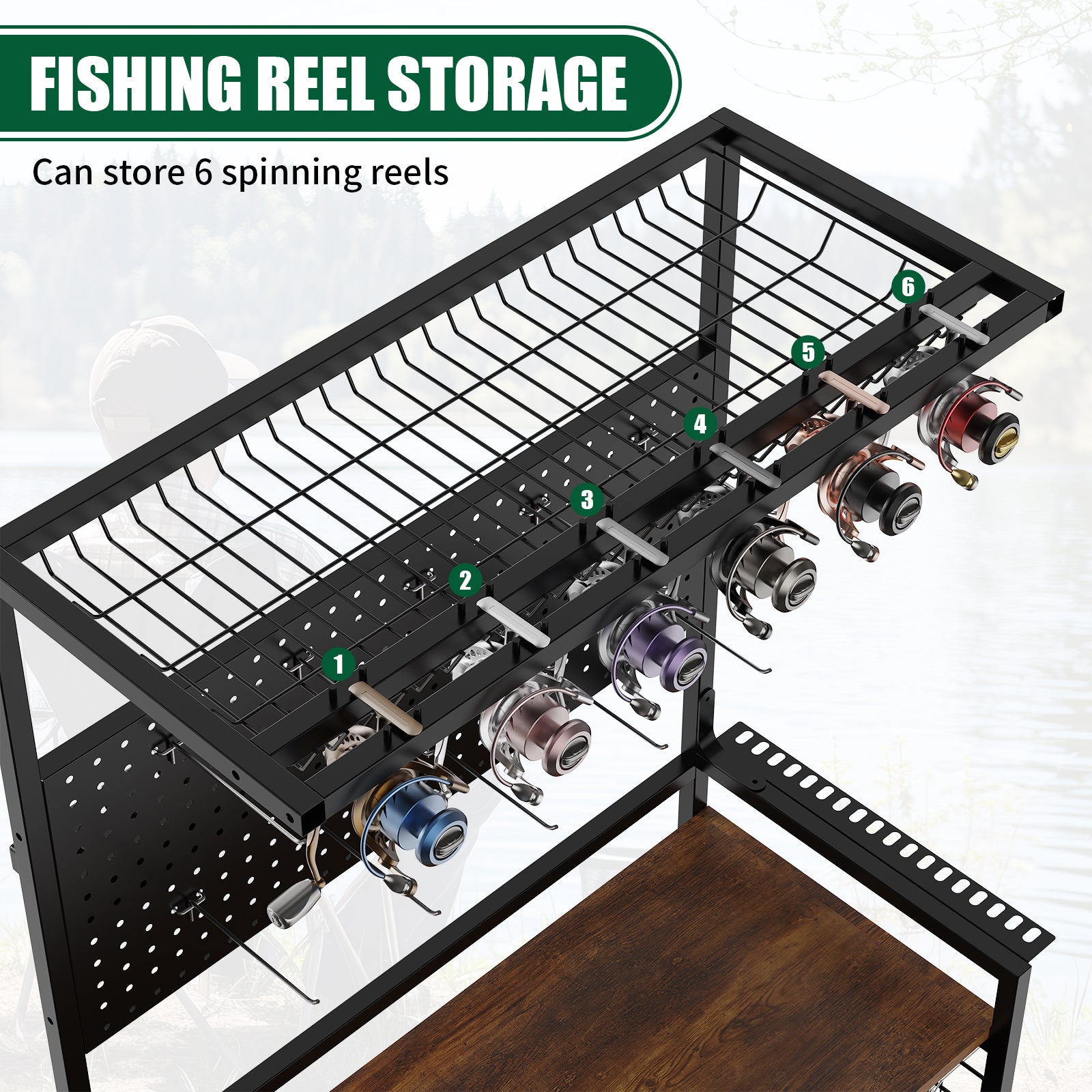 Rolling Fishing Rod Storage Rack with Pegboard, Multi-Tier Tackle Organizer Cart for Rods, Reels & Tackle Boxes, Lockable Wheels, Black