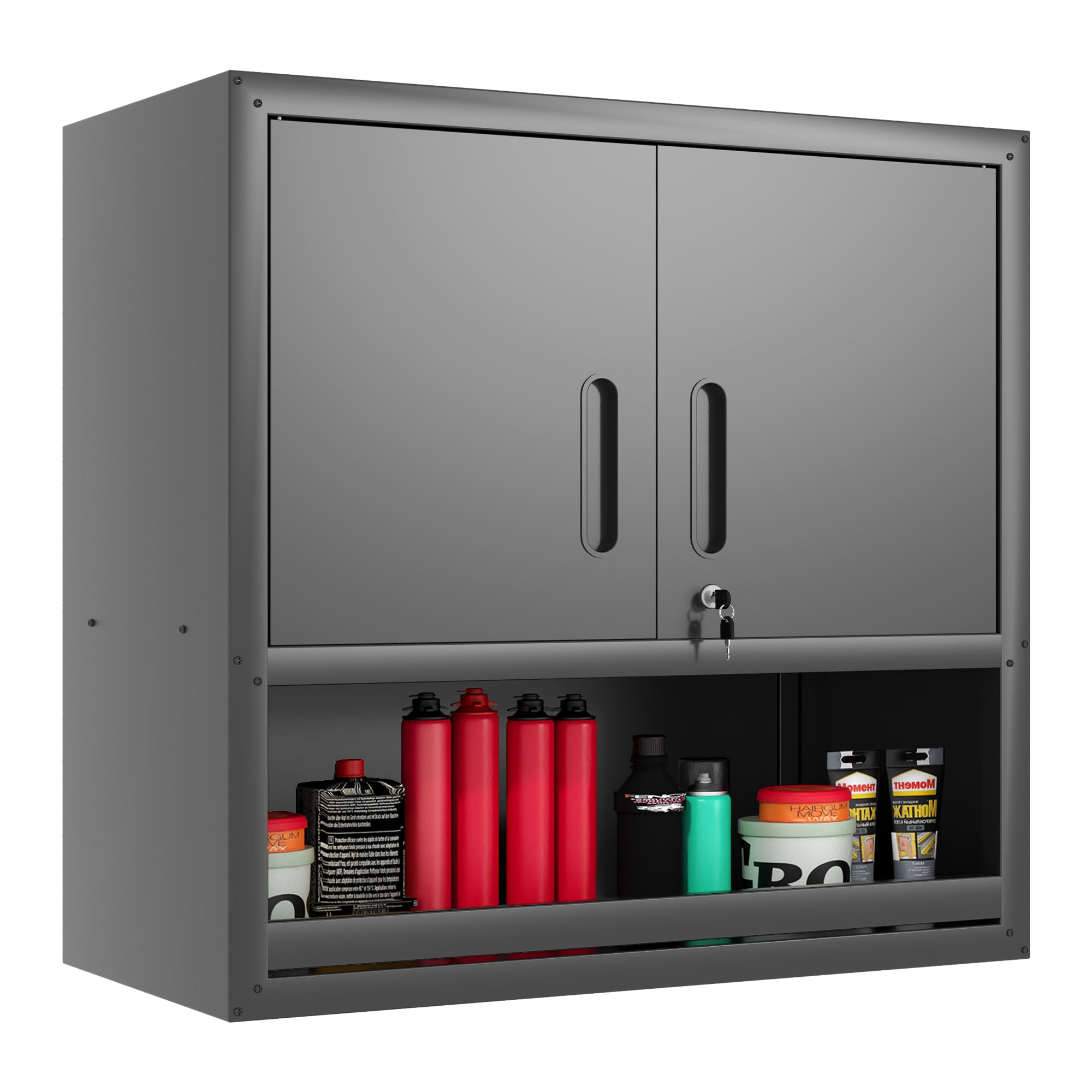 Metal Wall-Mounted Tool Storage Cabinet – Locking Door & Open Drawer for Garage, Warehouse, Office