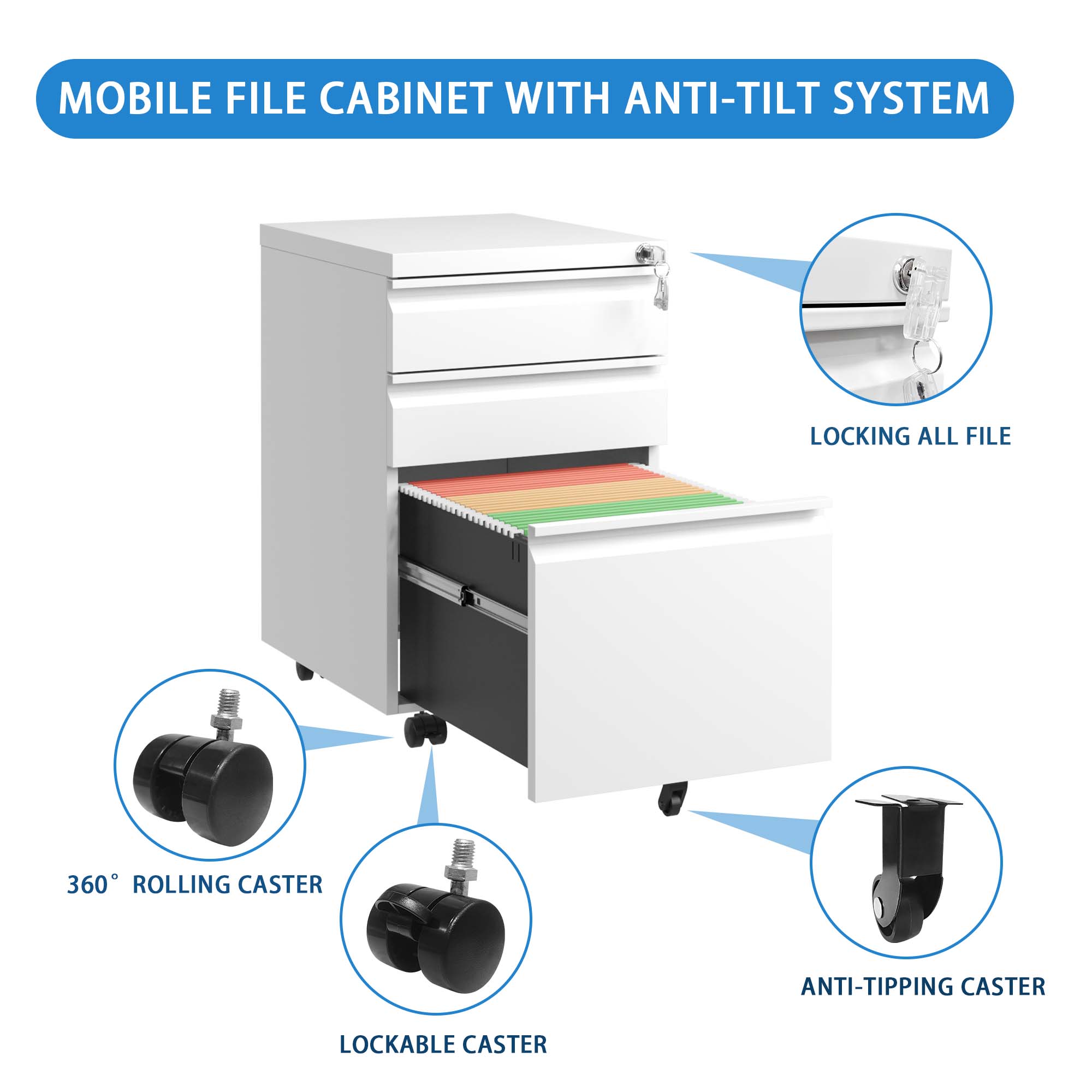 3 Drawer Mobile File Cabinet with Lock,Metal Filing Cabinets for Home Office Organizer Letters/Legal/A4,Fully Assembled Except Wheels,White