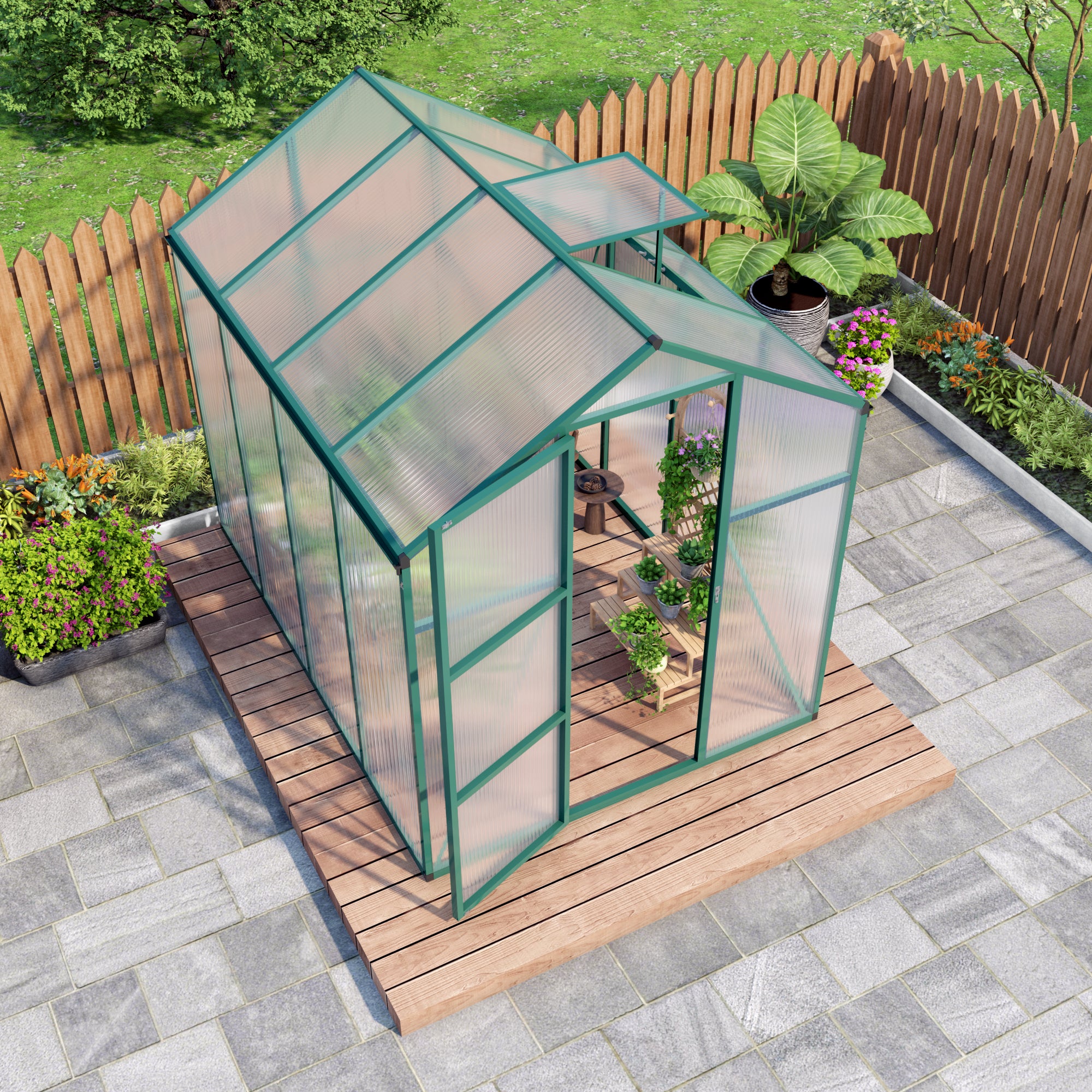 6ft x 8ft Heavy‑Duty Aluminum Walk‑In Greenhouse — Wind‑Resistant Polycarbonate Panels with Raised Base & Drainage System Green