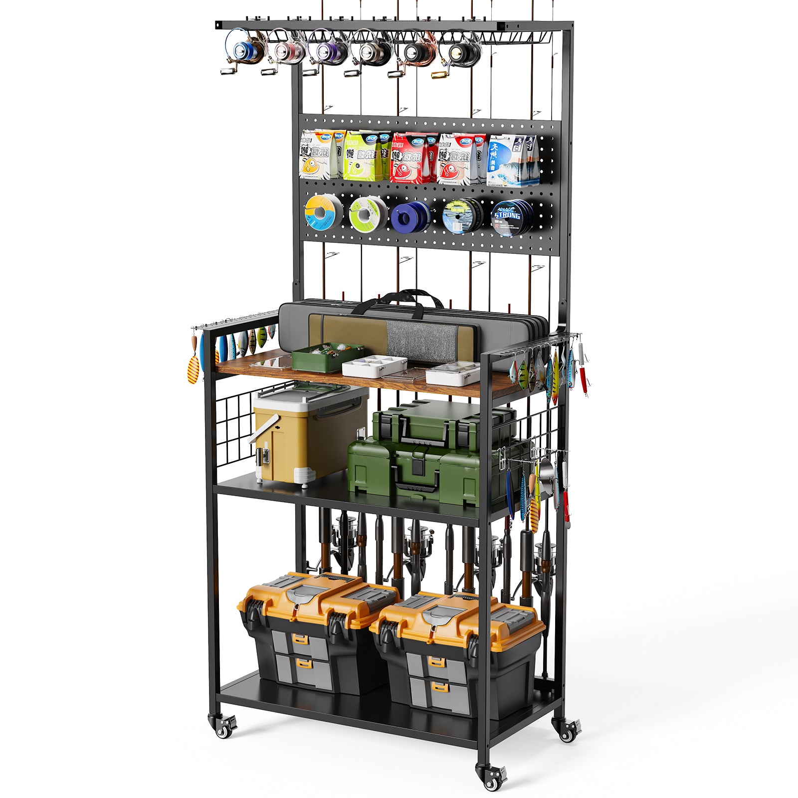 Rolling Fishing Rod Storage Rack with Pegboard, Multi-Tier Tackle Organizer Cart for Rods, Reels & Tackle Boxes, Lockable Wheels, Black