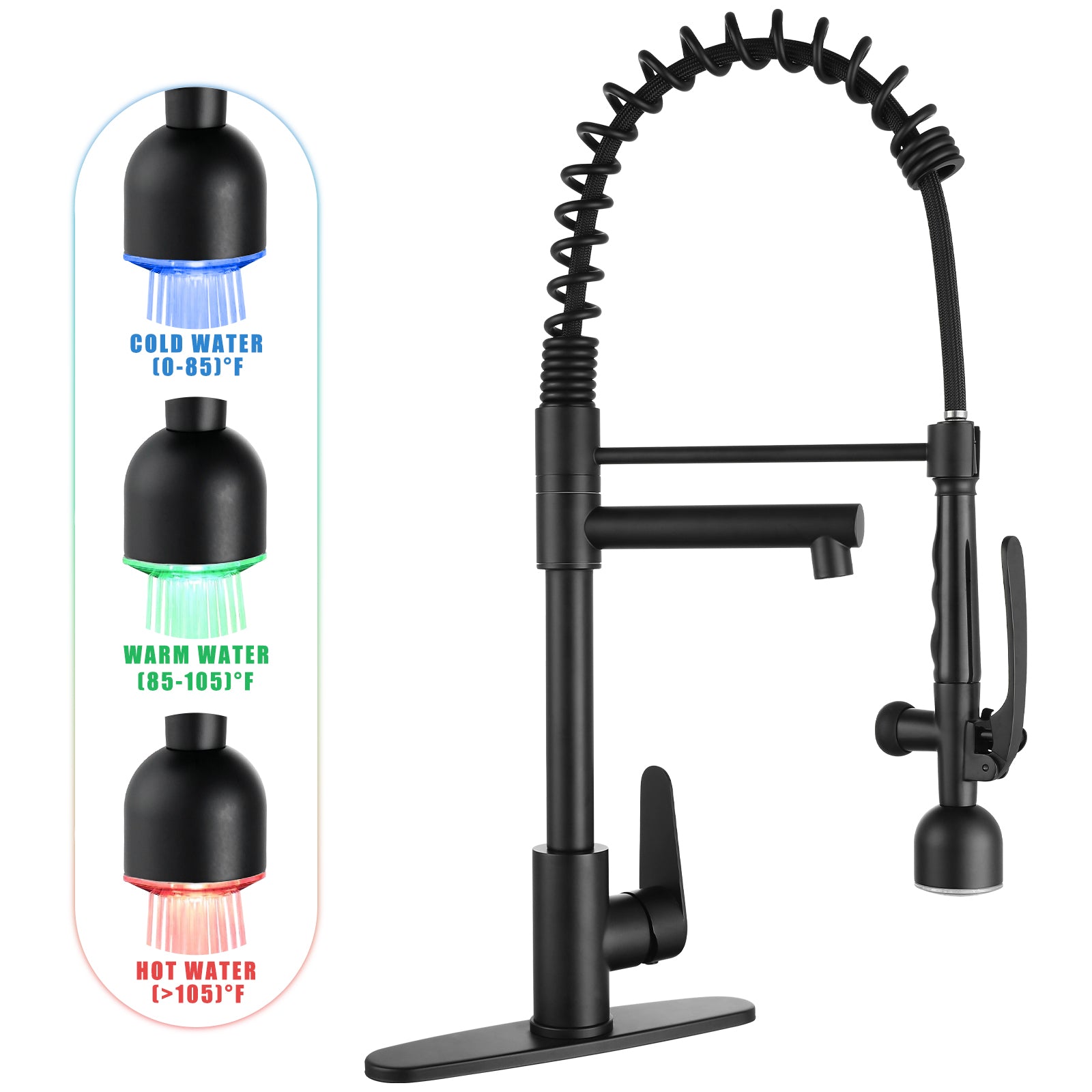 Kitchen Sink Faucet with LED Pull Down Sprayer, Commercial Single Handle High Arc Kitchen Faucet, Spring Sink Faucets with Deck Plate, Dual Spouts, Stainless Steel