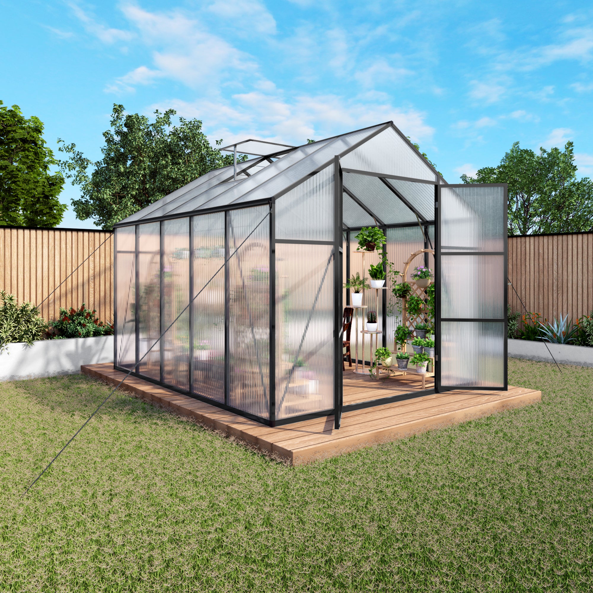 8ft x 10ft Heavy‑Duty Aluminum Walk‑In Greenhouse — 4mm Polycarbonate Panels Drainage System & Adjustable Vents Black