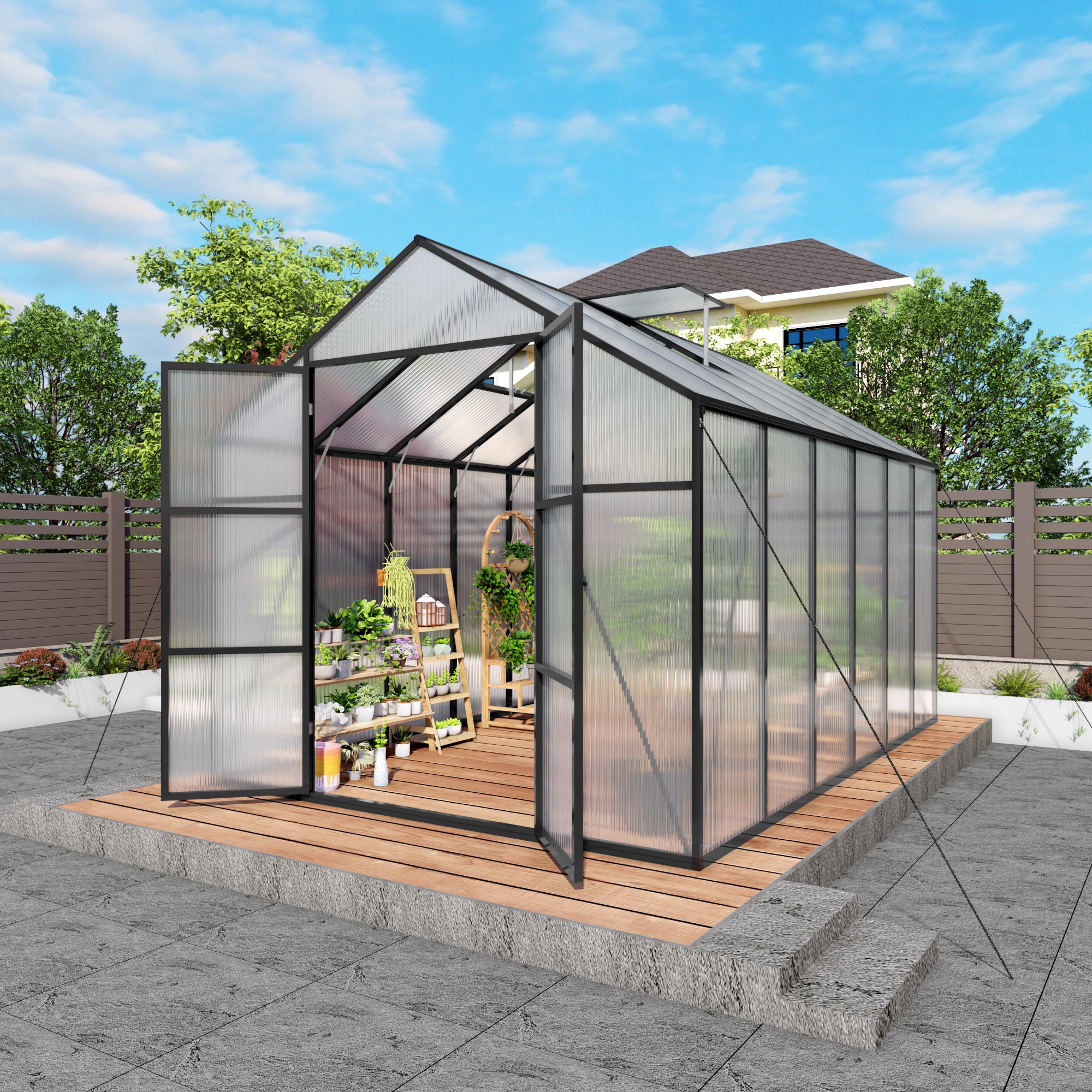 8ft x 12ft Heavy‑Duty Aluminum Walk‑In Greenhouse — 4mm Polycarbonate Panels Raised Base & Drainage System Black