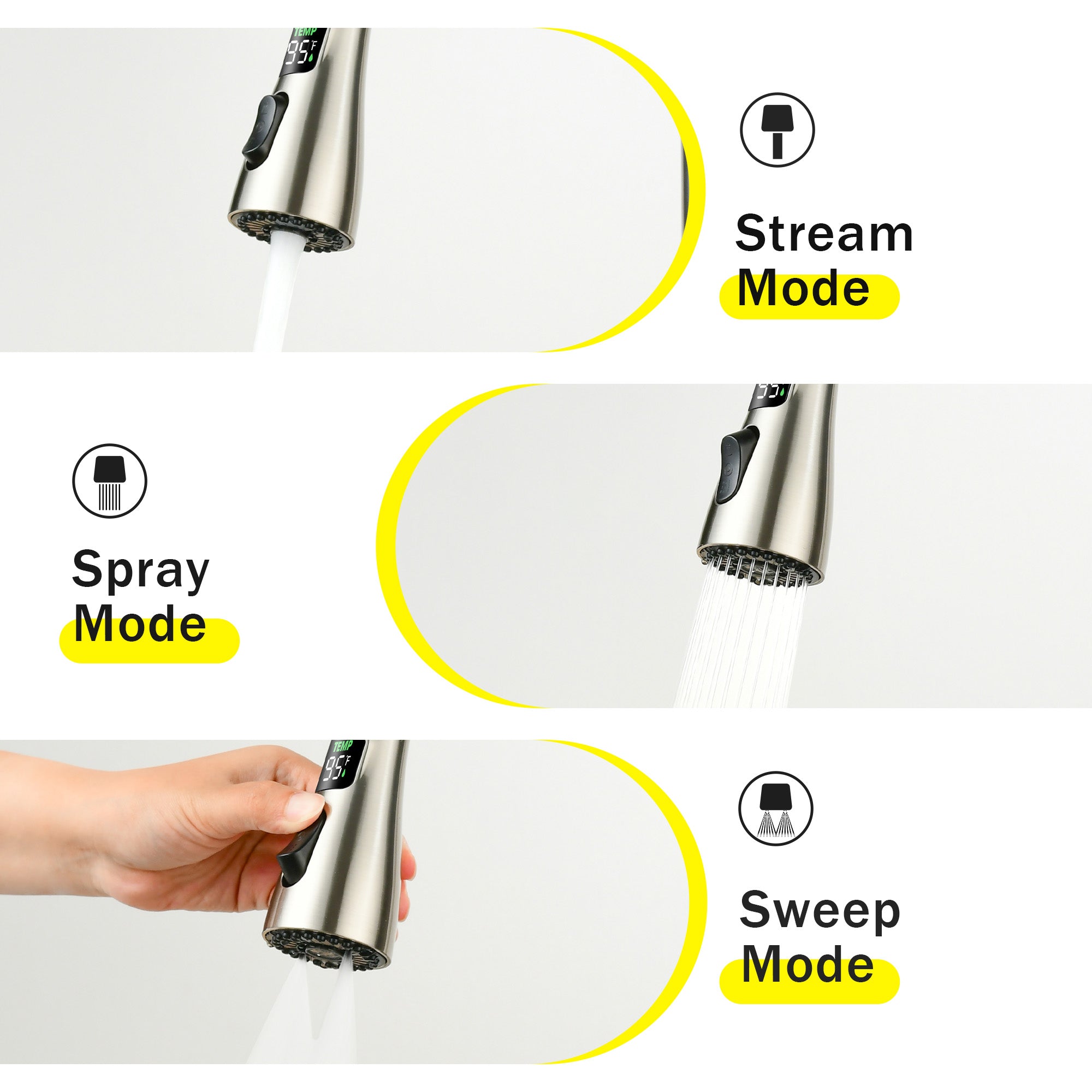 3-in-1 Kitchen Faucet with 3-Color LED Temperature Display, Press-Type Glass Rinser, High-Arc Pull-Down Sprayer, 3 Spray Modes, Brushed Nickel Finish for Modern Kitchen Sink