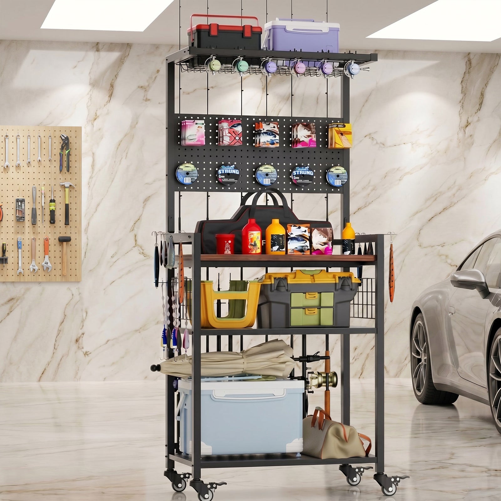 Rolling Fishing Rod Storage Rack with Pegboard, Multi-Tier Tackle Organizer Cart for Rods, Reels & Tackle Boxes, Lockable Wheels, Black