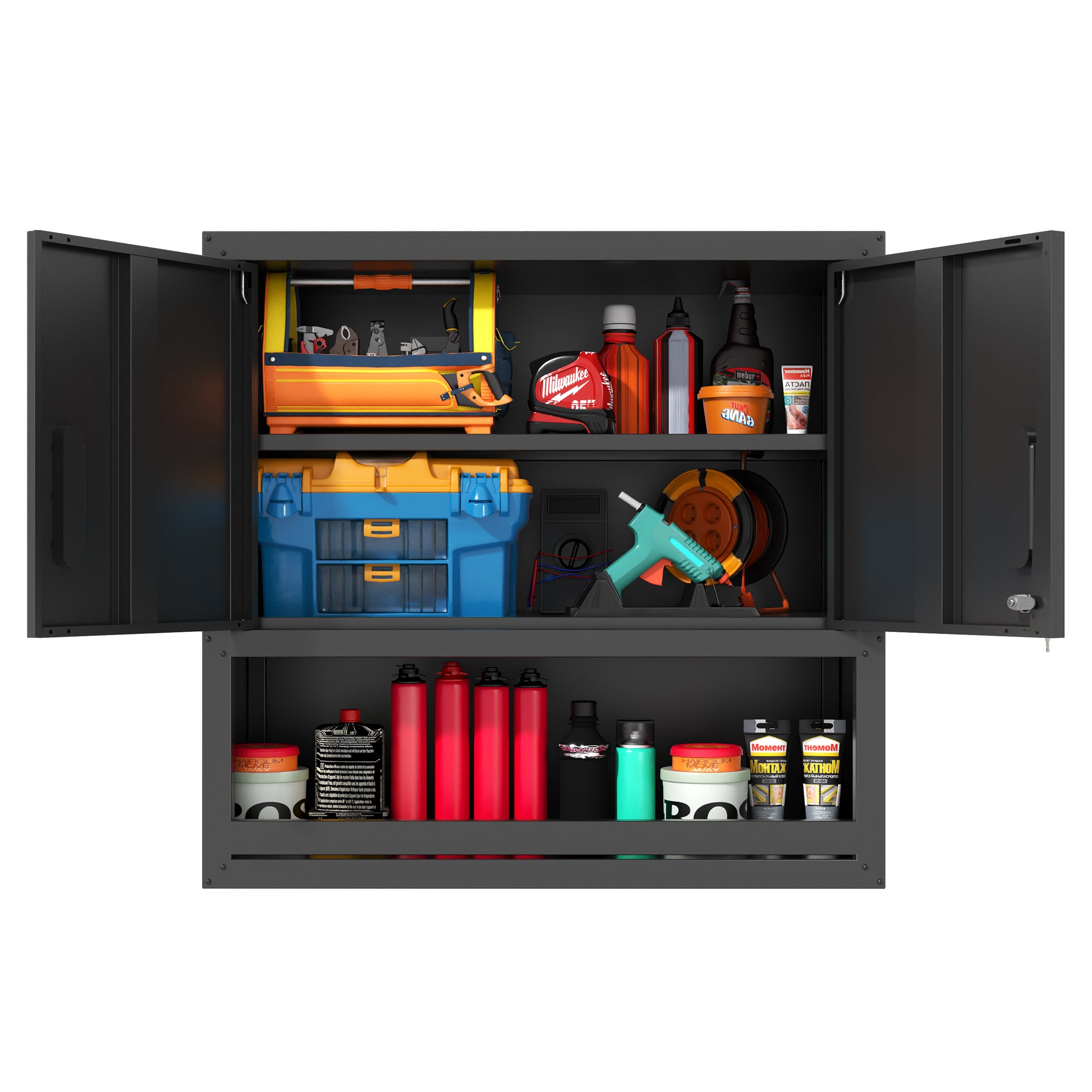 Metal Wall-Mounted Tool Storage Cabinet – Locking Door & Open Drawer for Garage, Warehouse, Office