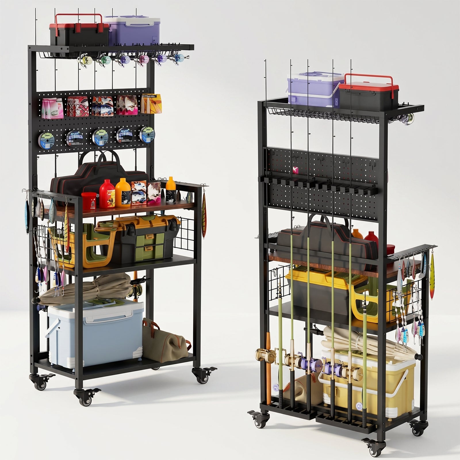 Rolling Fishing Rod Storage Rack with Pegboard, Multi-Tier Tackle Organizer Cart for Rods, Reels & Tackle Boxes, Lockable Wheels, Black