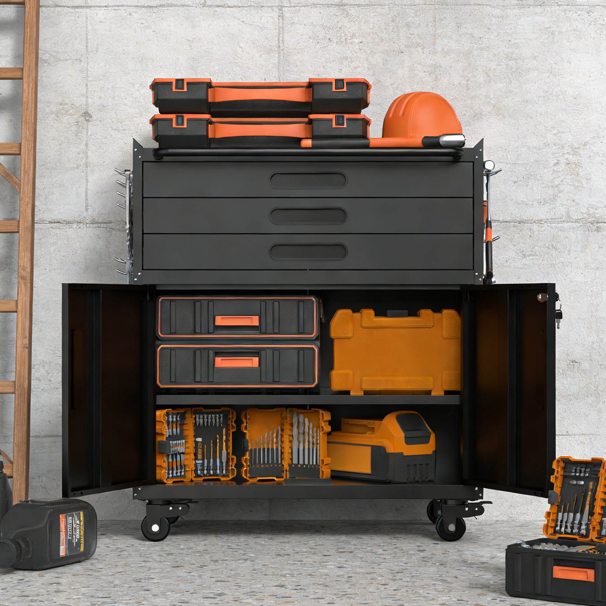 34.3" Rolling Metal Tool Cabinet - Heavy Duty Garage Storage with Lockable Doors & 3 Drawers, Mobile Workbench Organizer for Garage, Workshop, Home