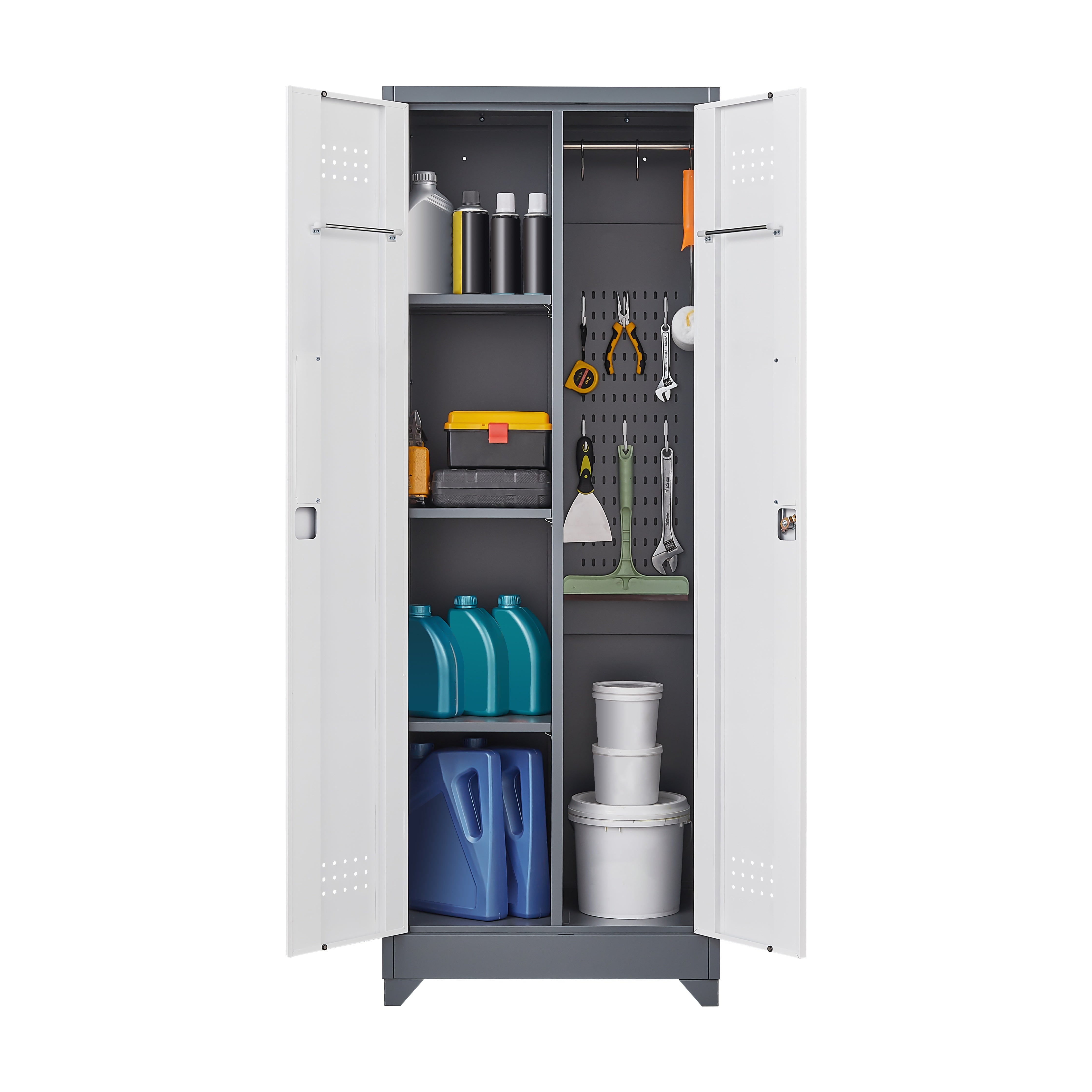 Broom Storage Cabinet With Locking Doors And Shelves, 65" H Metal Storage Cabinet With Hanging Rod & S-Hooks, Cleaning Tool Storage Cabinet Grey