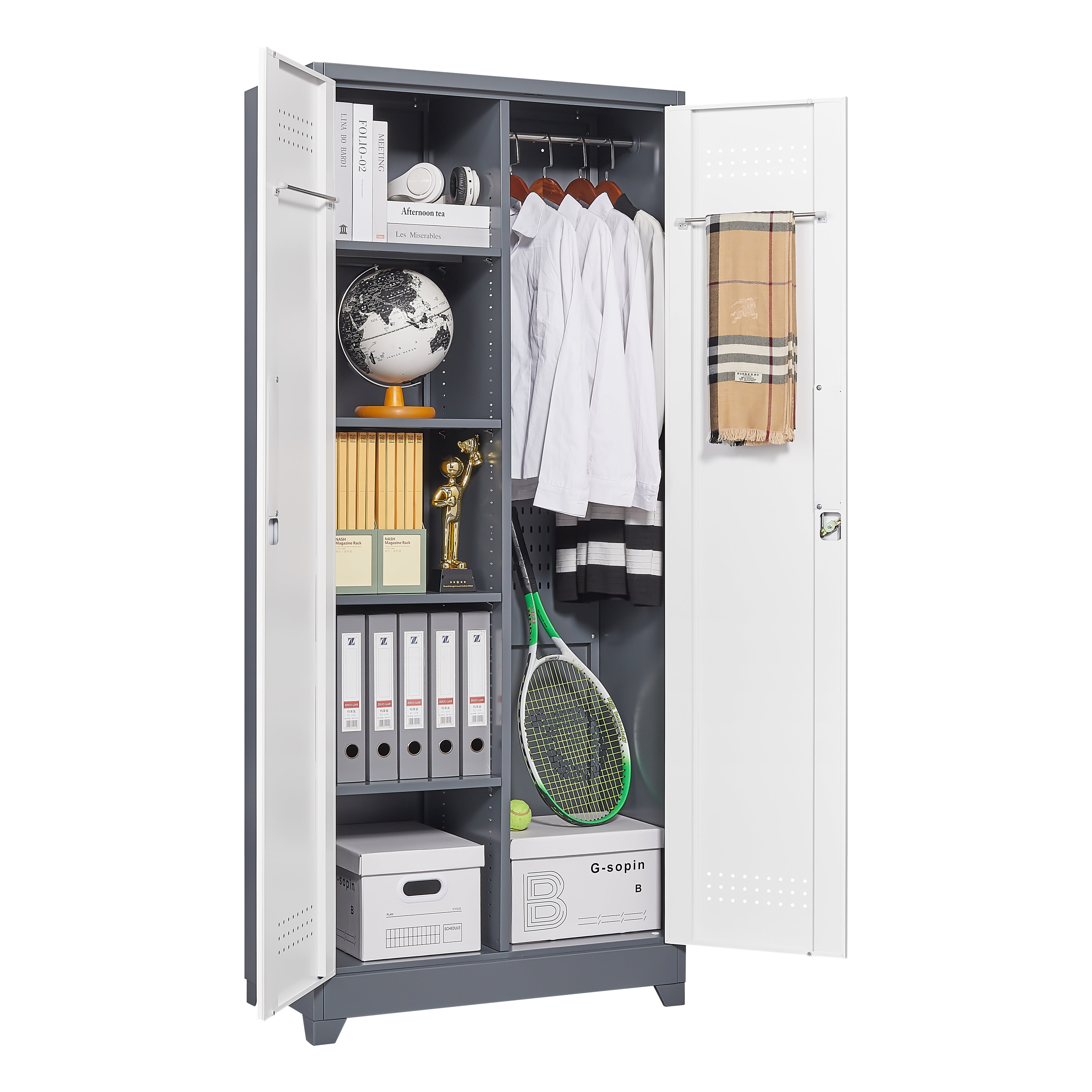 Gray Metal Lockers, Cleaning Tool Cabinets With Locking Doors, High Broom Tool Storage Cabinets, Adjustable Shelves, Large Cabinets For Kitchens, Offices, Shops.(72 Inches)